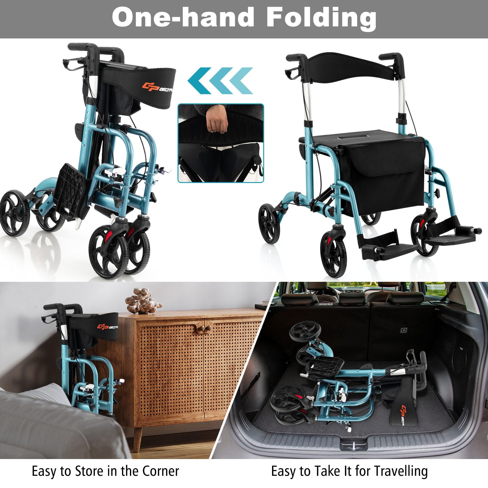 HOMASIS Andador para Ancianos con Asiento, Caminadores para Adultos de Aluminio,136 kg, Ajustables de 6 Niveles, Soporte para Bastón/Paraguas, Tacataca Plegable para Personas Mayores (Azul Marino)