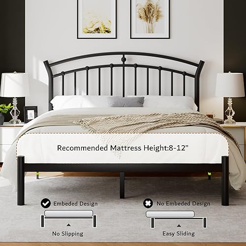 Miniatura 7 de iPormis Marco de cama de plataforma de metal de tamaño matrimonial con cabecera moderna de hierro artístico/soporte de listones de acero Negro