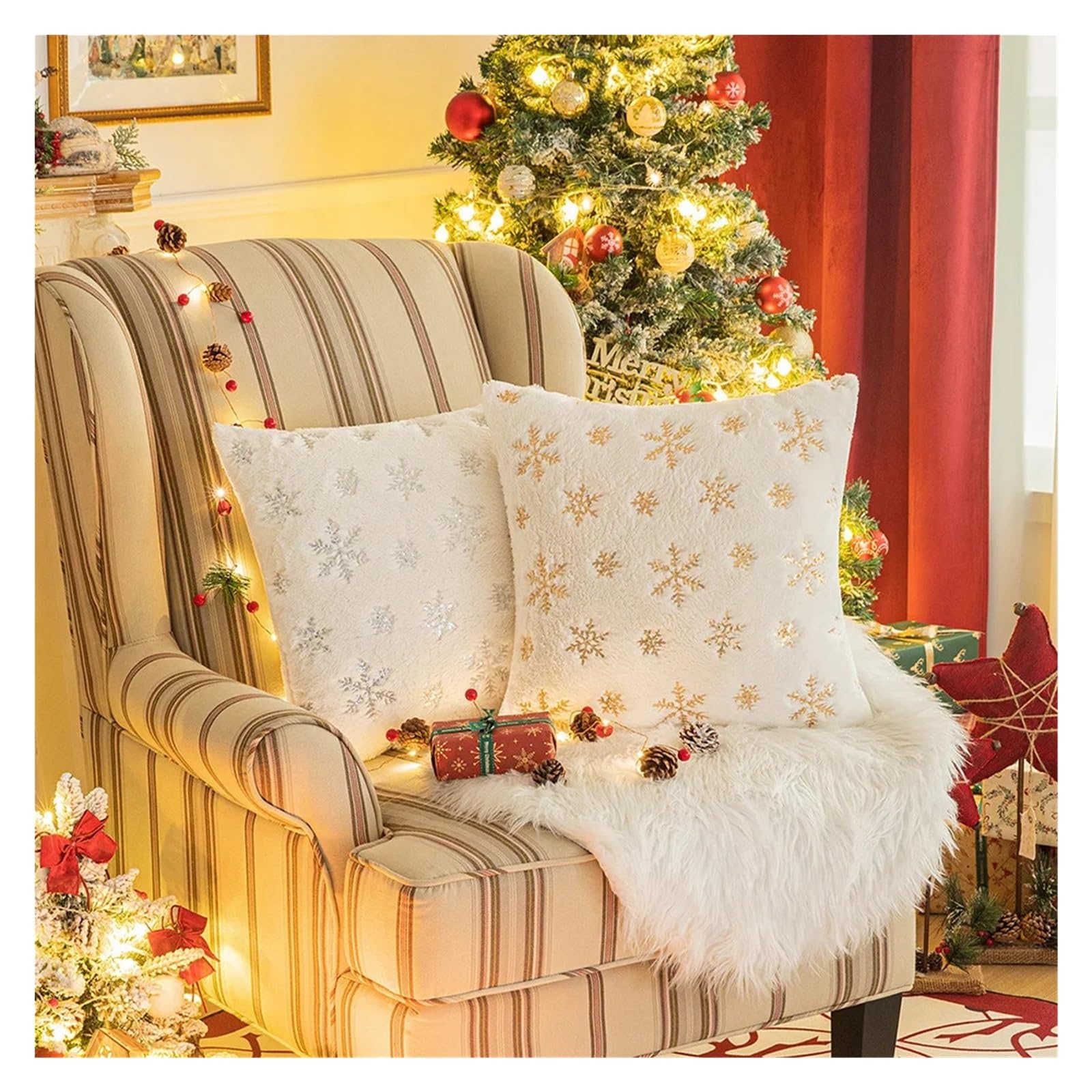 Funda Cojin Navidad Funda de almohada de copo de nieve de Navidad, 45x45CM, bordado con lentejuelas, estampado, funda de cojín for cintura, decoración, funda de almohada decorativa for el hogar(Silver