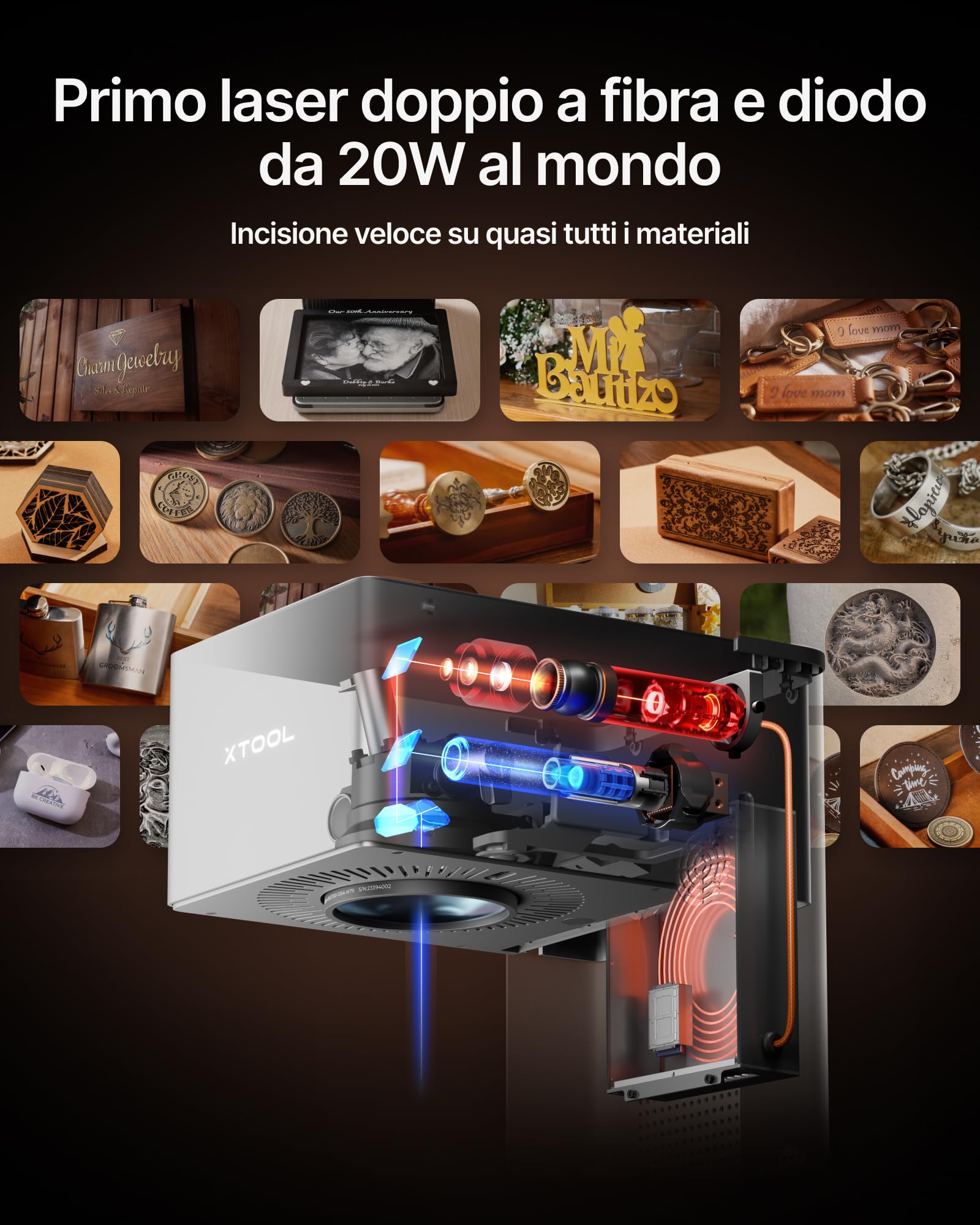 xTool F1 Ultra Incisore Laser Doppio Fibra e Diodo 20W, 10000 mm/s, Macchina Incisione e Taglio per Metallo e Legno, Fotocamera 16MP, Incisione 3D, per uso professionale in ambito commerciale