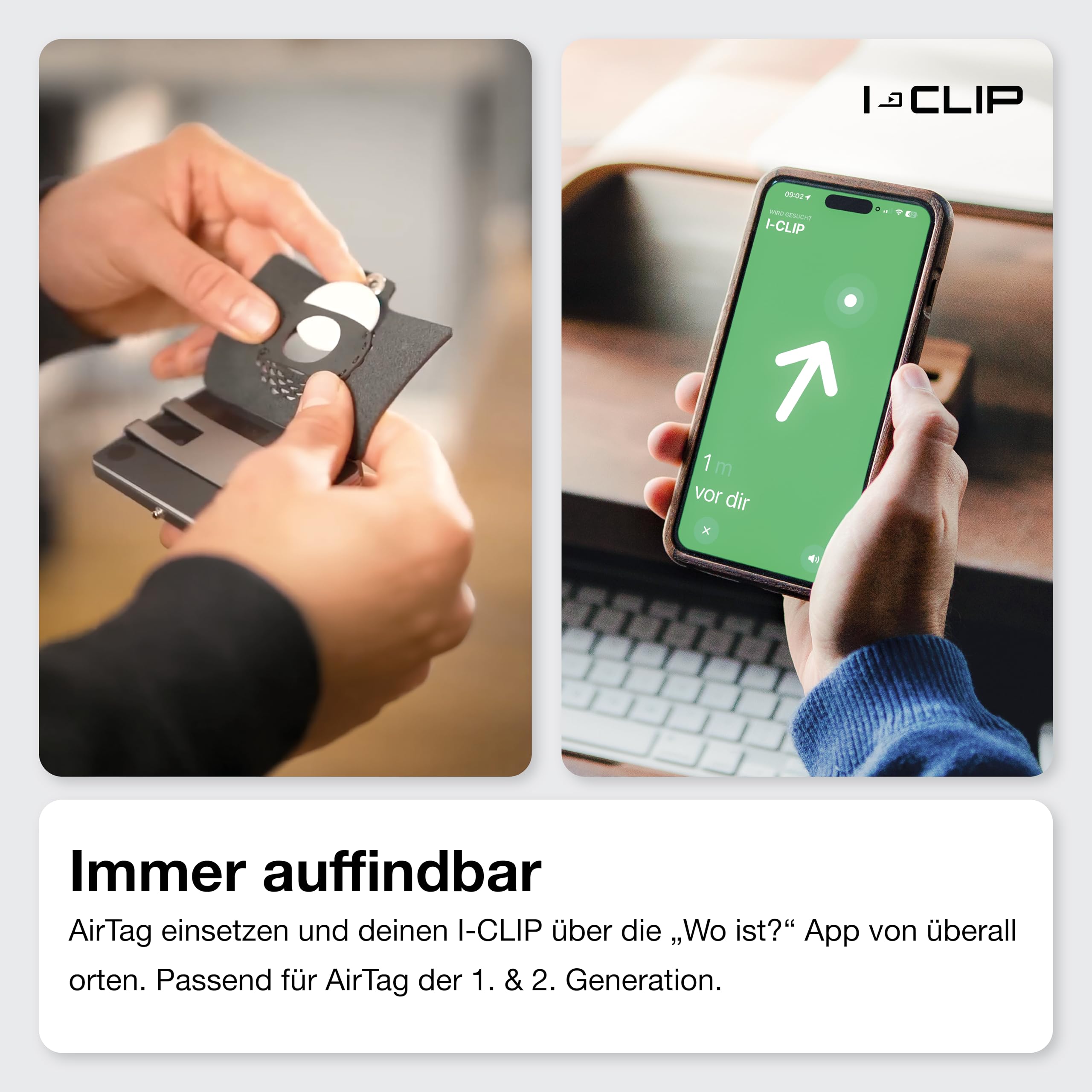 I-CLIP Edelstahl für Apple AirTag mit austauschbarer Geldklammer - Portemonnaie - Slim Wallet - Geldbörse kompatibel für Apple AirTag - Stahl satiniert Urban Grau