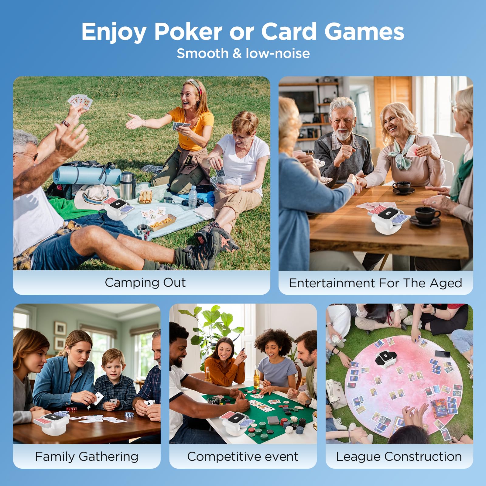 Kartenmischmaschine Elektrische für 1–2 Decks, Automatischer Kartenmischer mit One-Press Auto & Manueller Modus, Wiederaufladbarer Geräuscharmer Kartenmischgerät für Poker UNO Blackjack Skip-BO