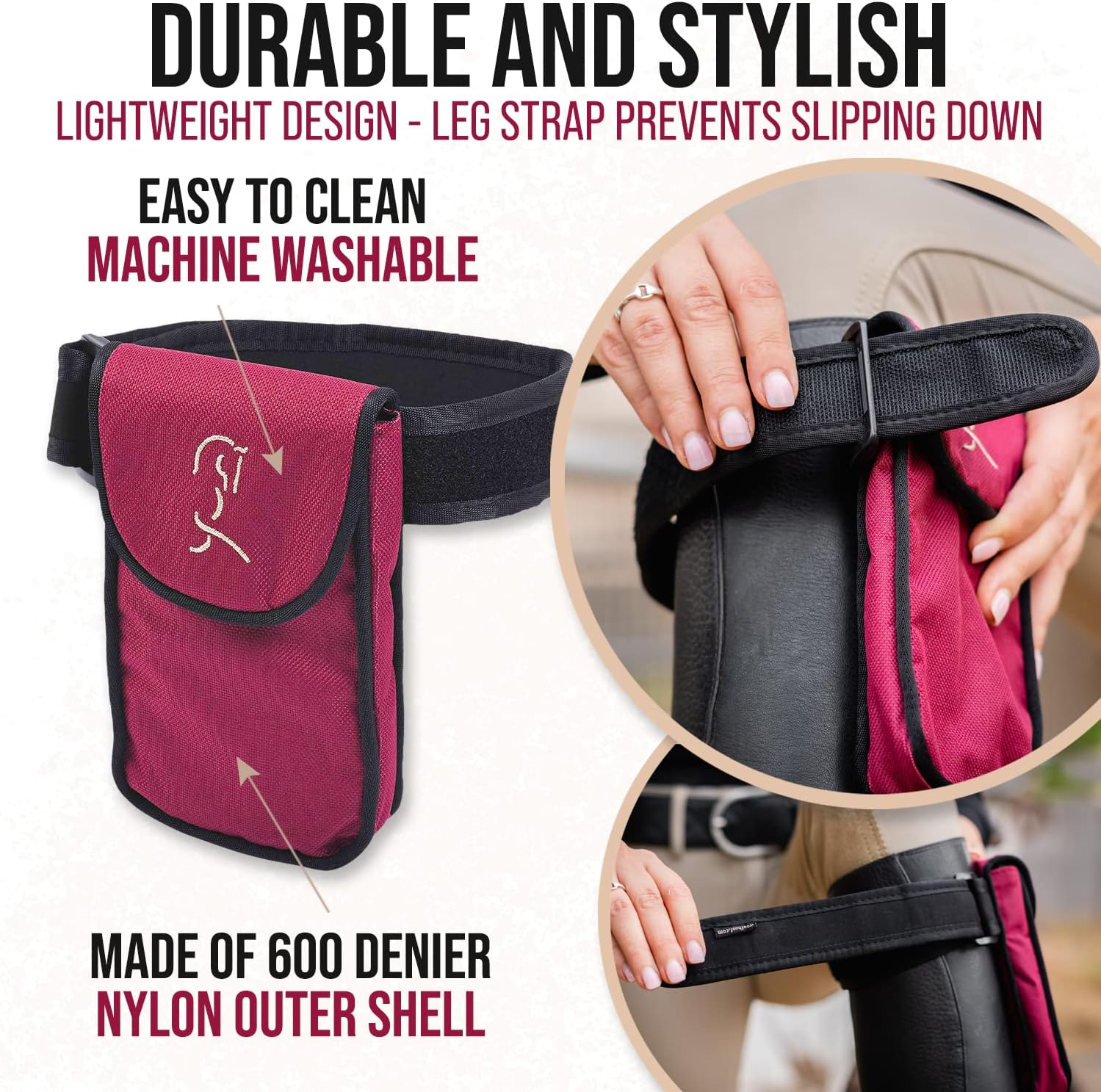 Woofhoof Equestrian Cell Phone Holder, XL Burgundy On The Calf/Leg Band Holster - Perfect Horse Accessories, Universal Fit, Padded Strap, Magnetic Closure, Made of Durable Nylon, Machine Washable