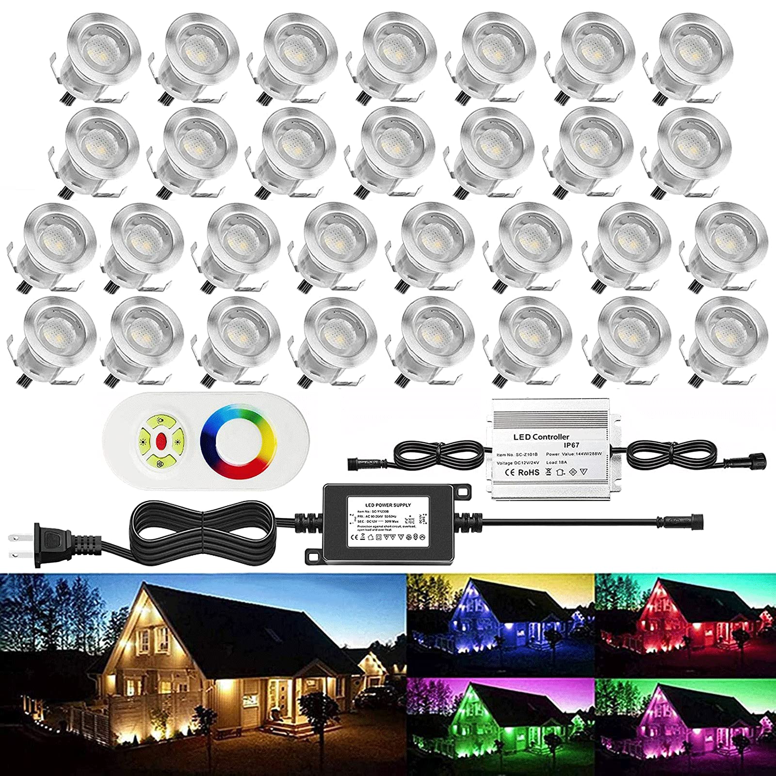 30Pcs LED Deck Light Kit 0.1W-0.3W Low Voltage RGB Outdoor Lighting 6Lm IP67 Waterproof Outdoor Black Border Step Stairs Garden Yard Patio Landscape Decor Lighting(RGB,30pcs) RGB (Red, Green, Blue) 30pcs(Silver Border)