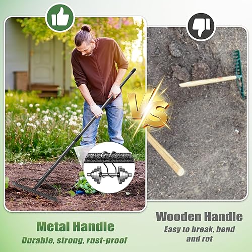 Miniatura 4 de Rastrillo de jardín, rastrillo de arco de 5 pies, rastrillo de nivelación resistente con mango ajustable, rastrillo de paja de metal de cabeza ancha