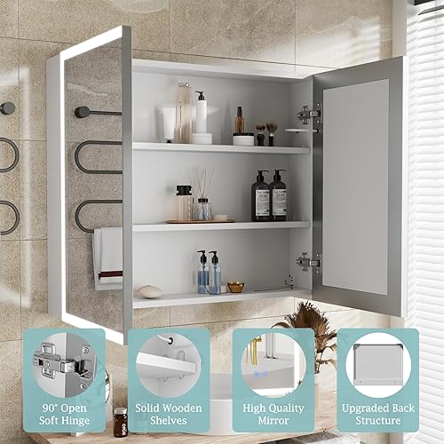 Miniatura 5 de LALAHOO Botiquín con luces, 27.56 x 23.62 pulgadas, botiquín para baño, 2 puertas iluminadas con estantes, espejo de botiquín con almacenamiento,