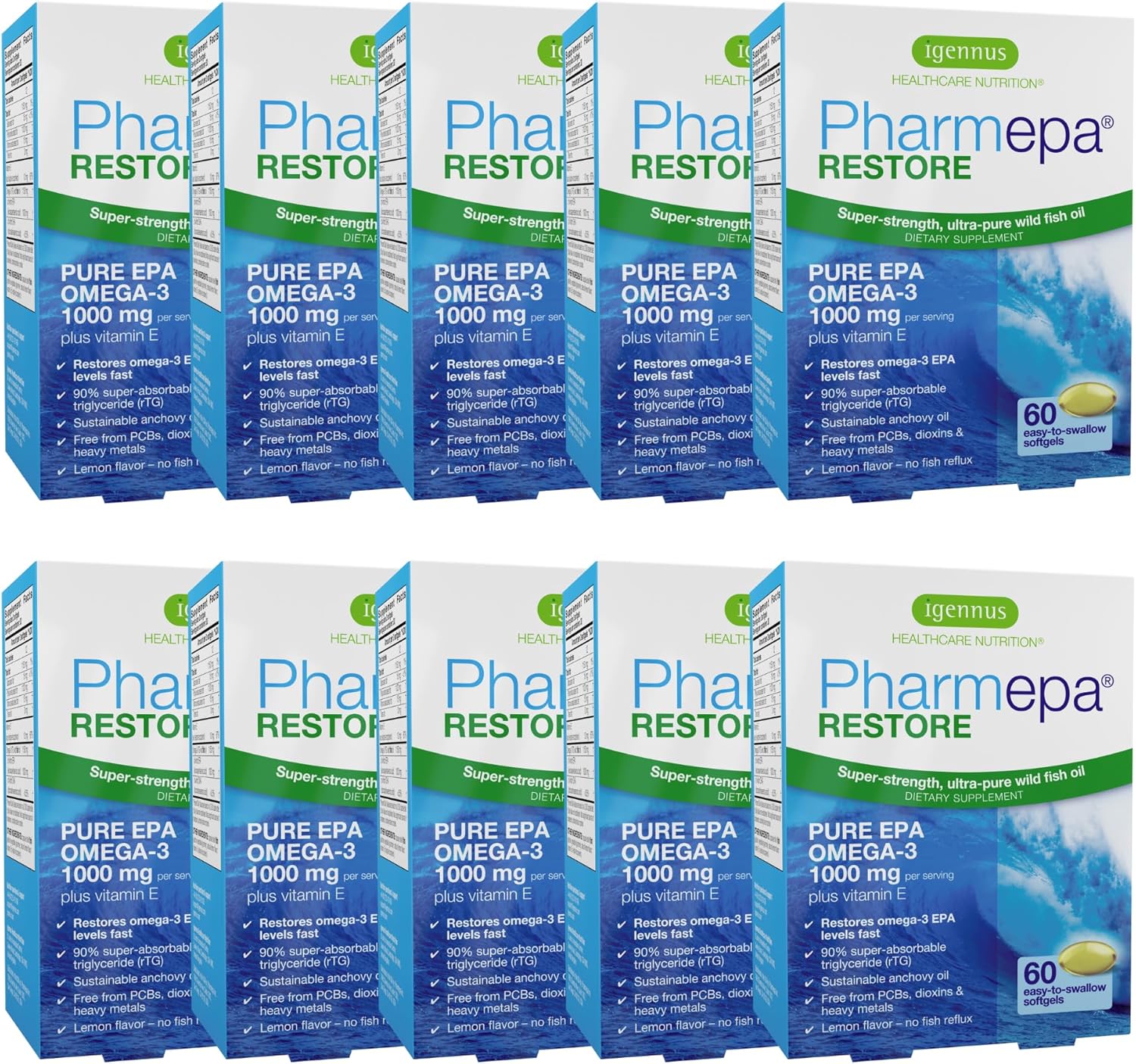 Igennus Pharmepa Restore, Pure EPA 1000mg, Omega 3 rTG Fish Oil, IFOS Certified, High Absorption, 90% Concentration Triple Strength, Wild & Sustainable, Lemon Flavor, 10-Month Supply, Pack of 10 Igennus Pharmepa Restore, Pure EPA 1000mg, Omega 3 rTG Fish Oil, IFOS Certified, High Absorption, 90% Concentration Triple Strength, Wild & Sustainable, Lemon Flavor, 10-Month Supply, Pack of 10