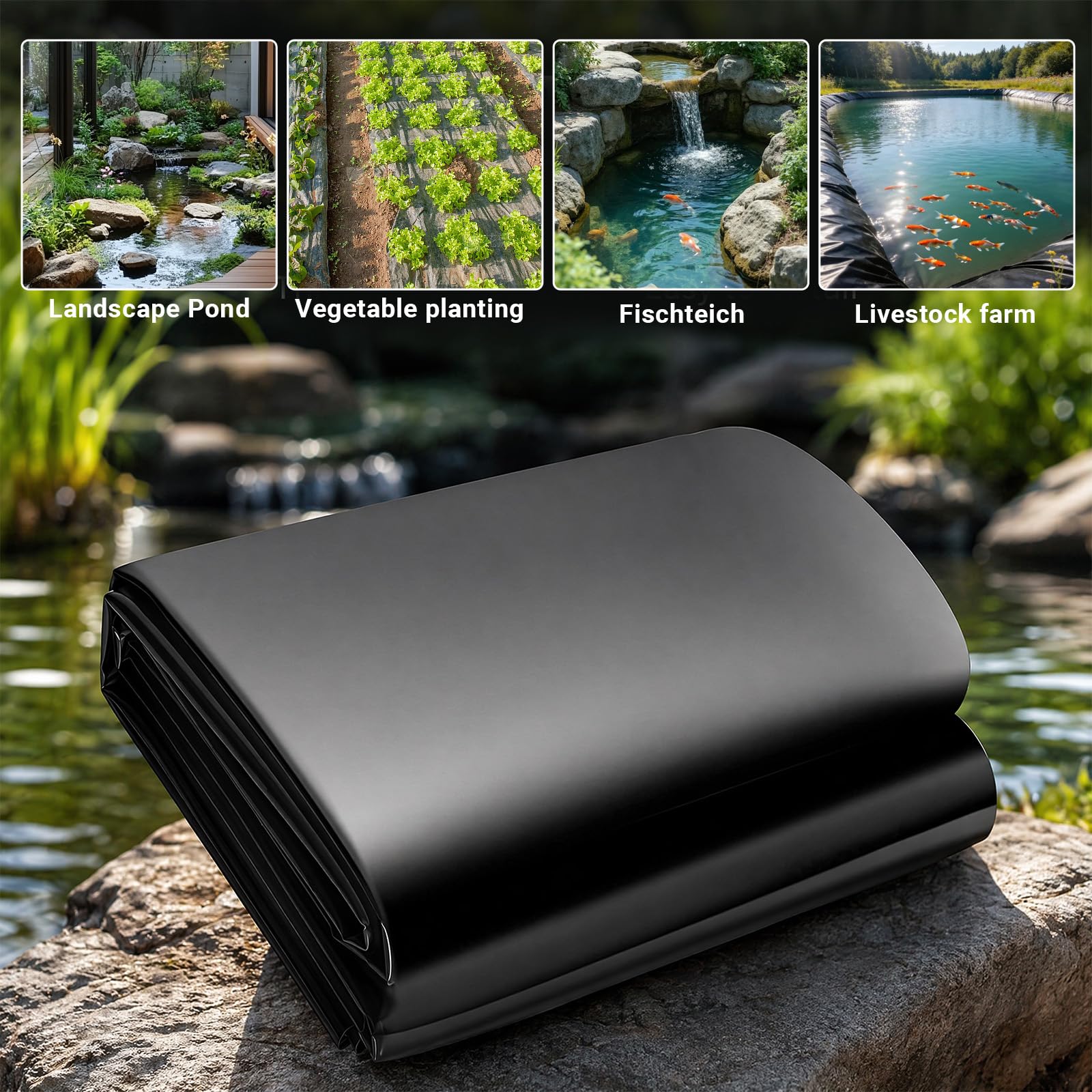 3x4m Teichfolie, Teichfolien Schwimmteich Folie | Wasserdicht leckdest Gartenteich Teichplane Schwarz HDPE für Fischteiche, Brunnen, Wassergarten und Wasserfall Stärken 0.2 MM