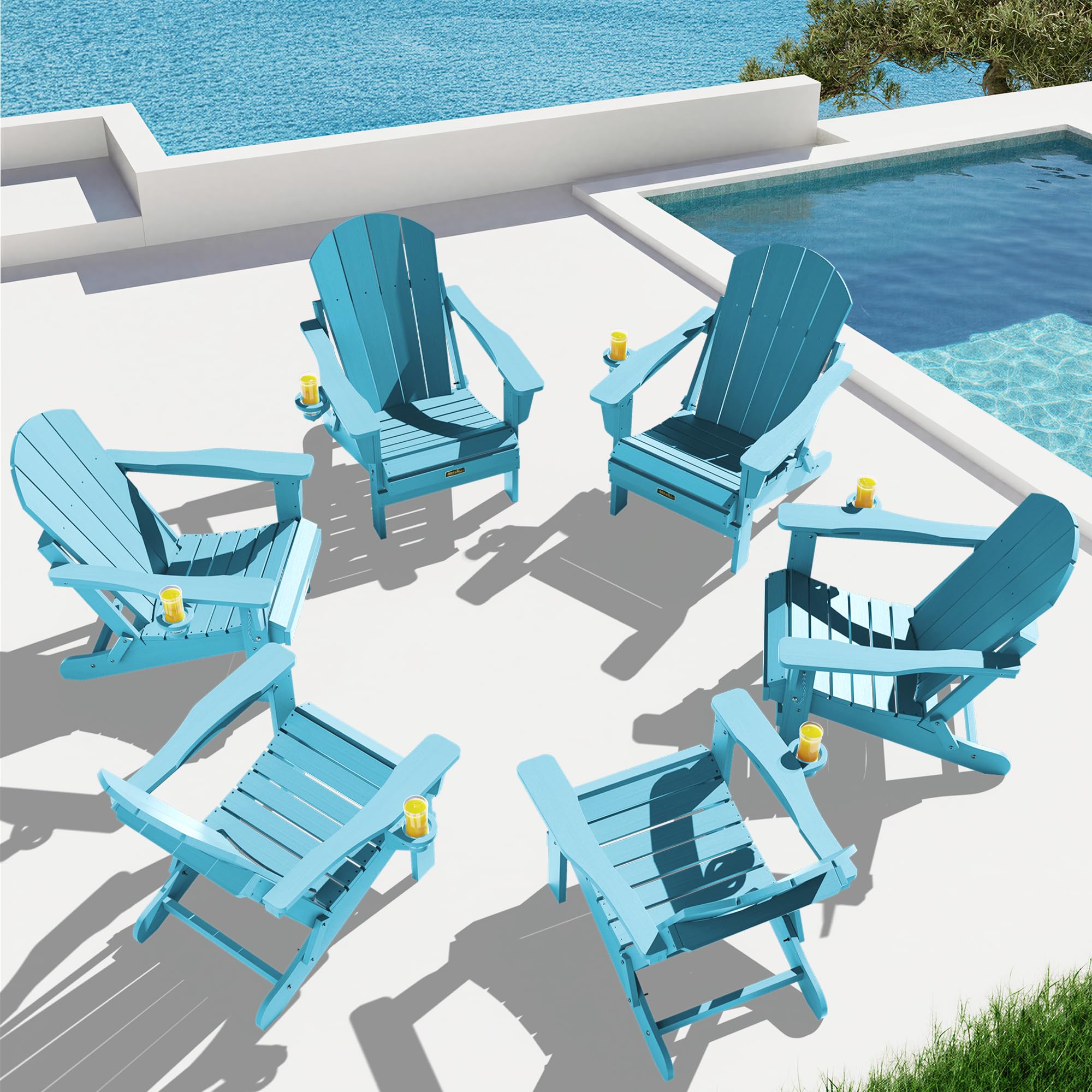 SERWALL Folding Adirondack Chairs Set of 6 with Cup Holders - Light Blue