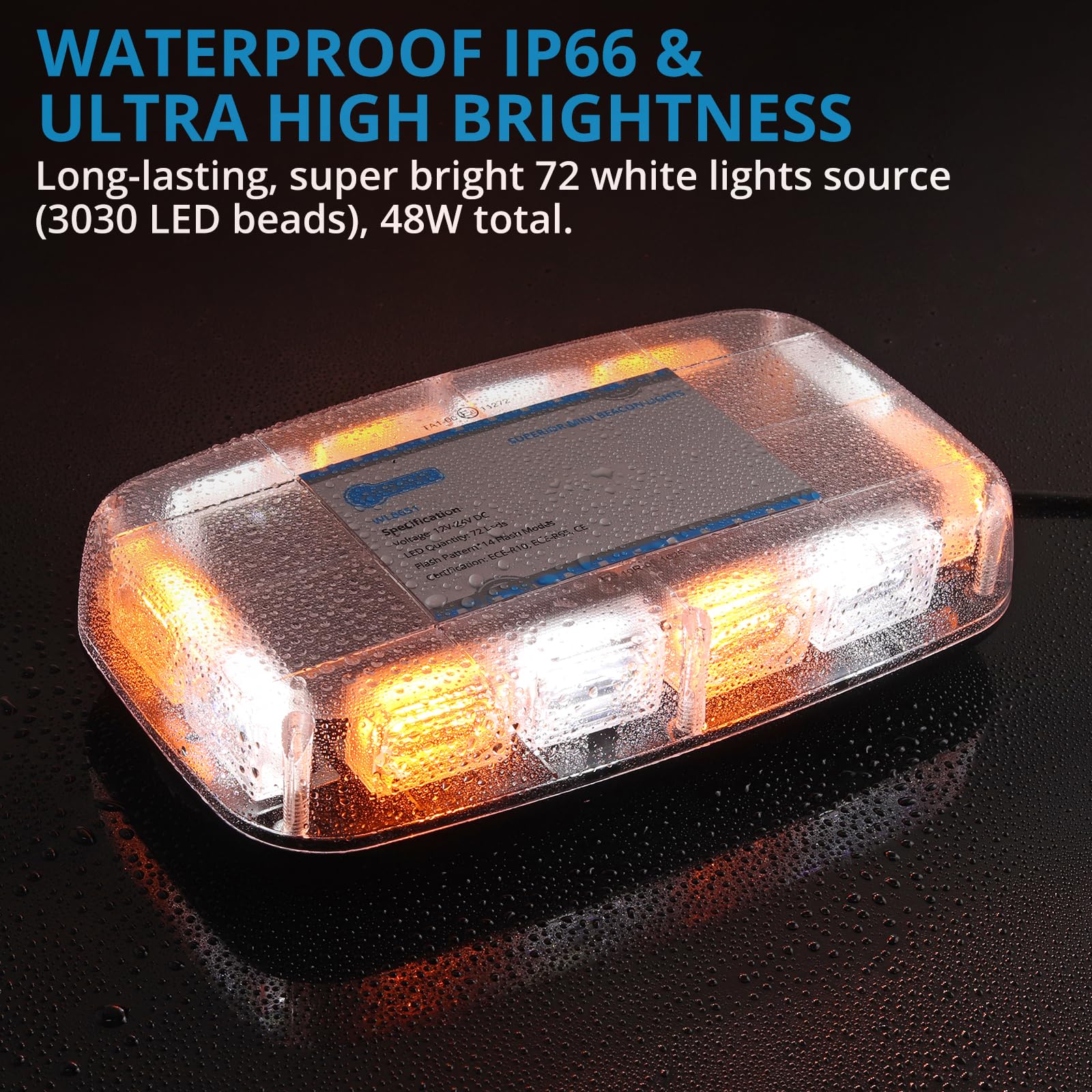 AUTOUTLET Lampa błyskowa 72 LED 10 V-30 V, bursztyn, 14 trybów E-Mark światła ostrzegawcze z 4 podstawami magnetycznymi + wodoodporny kabel 5 m, IP65 do przyczep, wózków widłowych, koparek, ciągników,