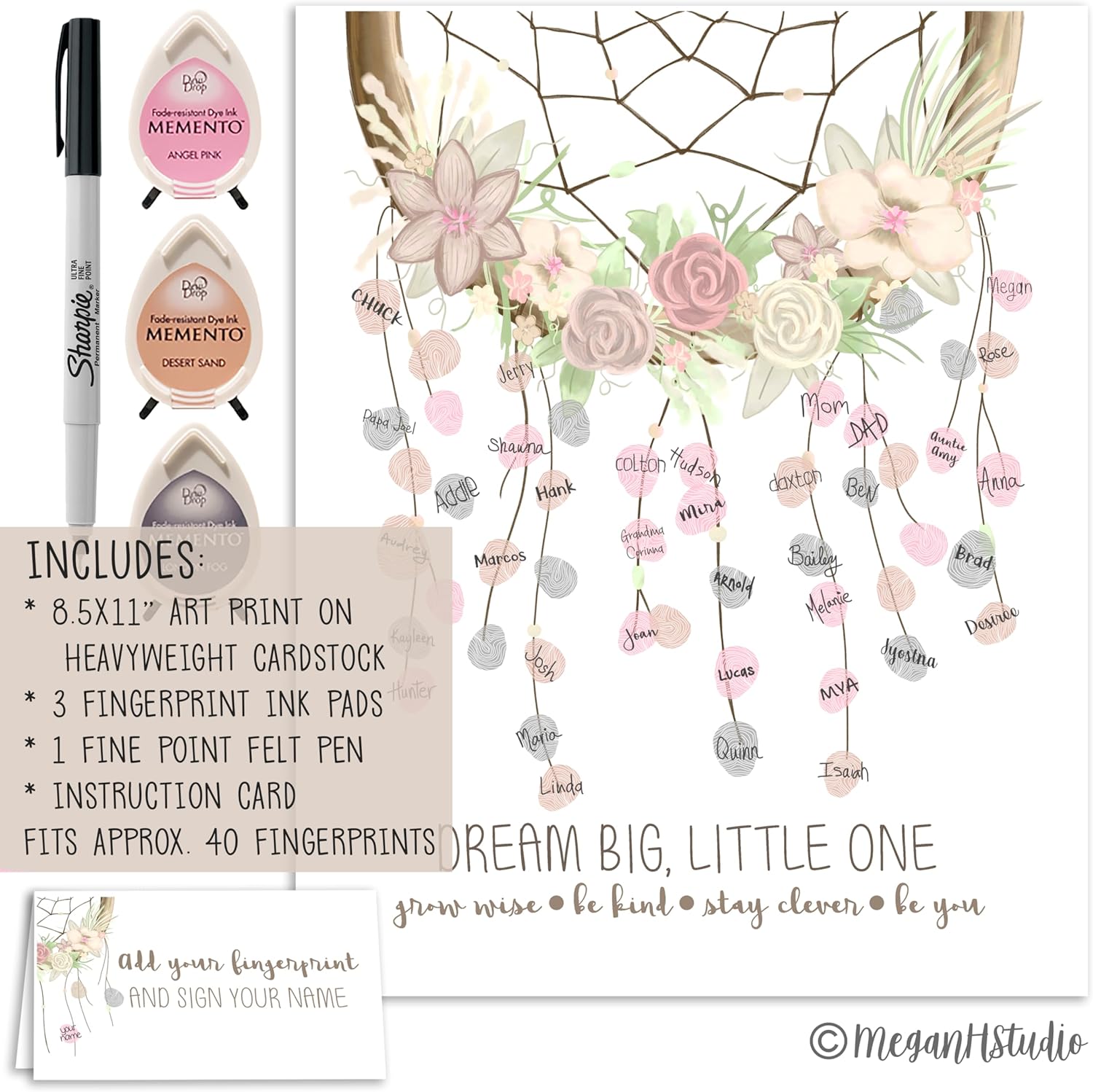 Girl's Boho Fingerprint Dreamcatcher Poster for a Shabby Chic Baby Shower, Fingerprint Sign In Set with Ink Pads and Pen, Girl's Shabby Chic Baby Shower Thumbprint Guest Sign In, 8.5x11 Inches