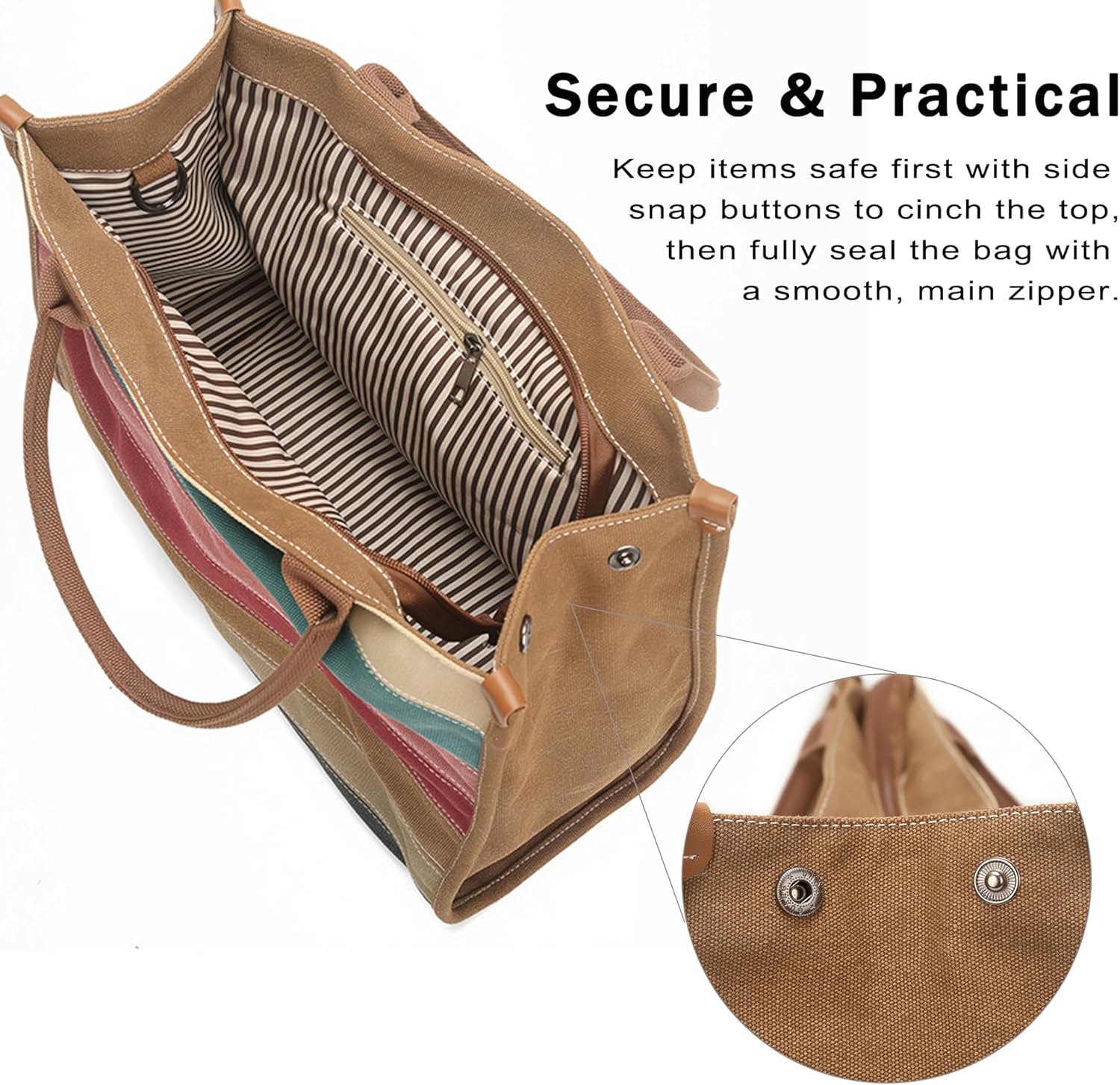 DOURR Rainbow Stripes Tote Bag for Women Light Canvas Shoulder Bag with Zipper Closure Large Capacity Purse for Work Travel - Image 4