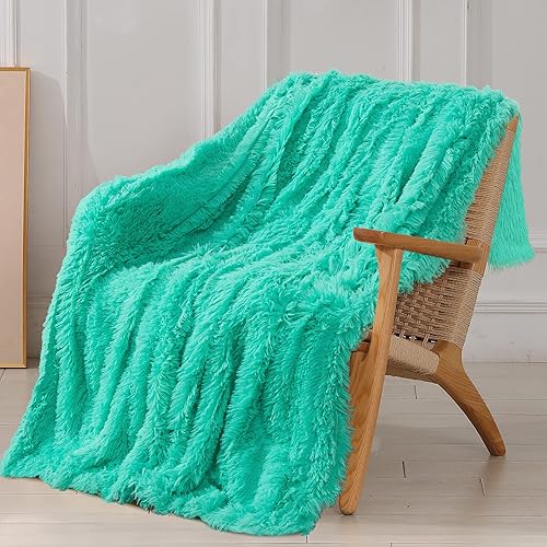 Tuddrom Manta decorativa de piel sintética extrasuave, tamaño Queen de 80 x 90 pulgadas, manta de pelo largo reversible sólido, manta lanuda de pelo