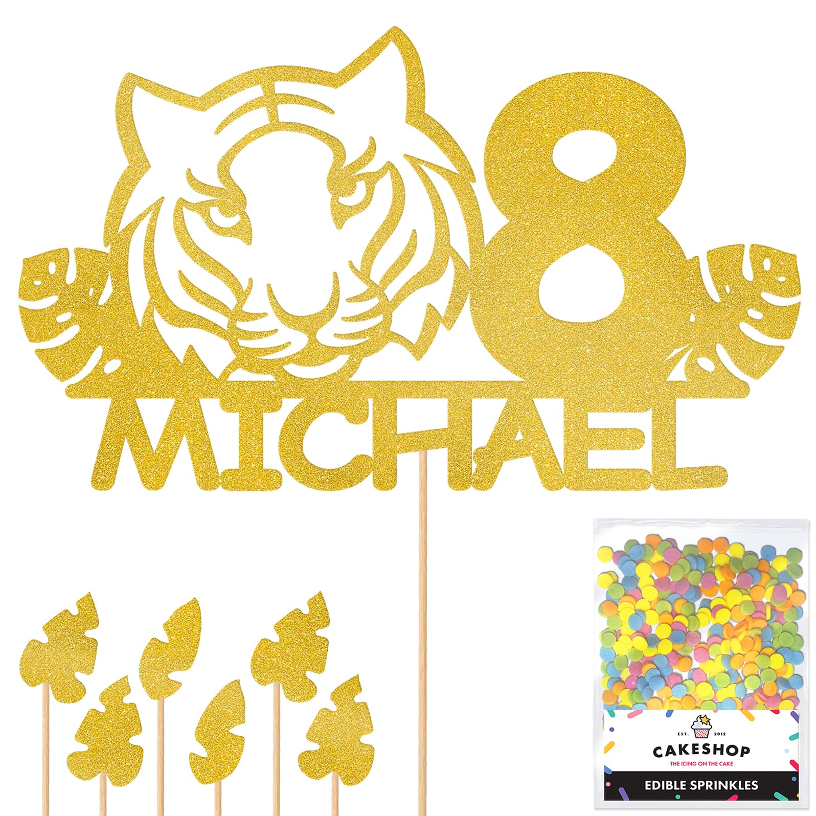 Personalised Birthday Jungle Tiger Glitter Cake Topper- Gold Any Custom Age & Name Glitter Cake Decoration and Sprinkles - Happy Birthday Decorations - Personalised Toppers for Cakes by Cakeshop โ image 1