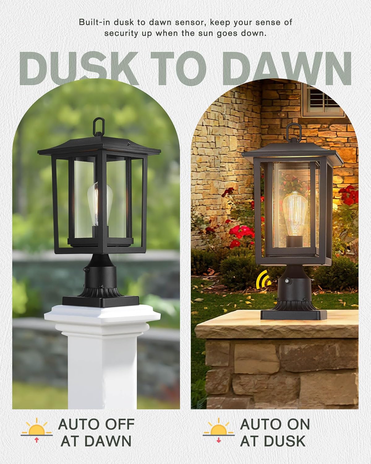 Beionxii Outdoor Post Lights, Dusk to Dawn Lamp Post Light Fixture with Pier Mount Base, Black Cast Aluminum w/Clear Glass(19" x 9") - A197P-2PK/BS