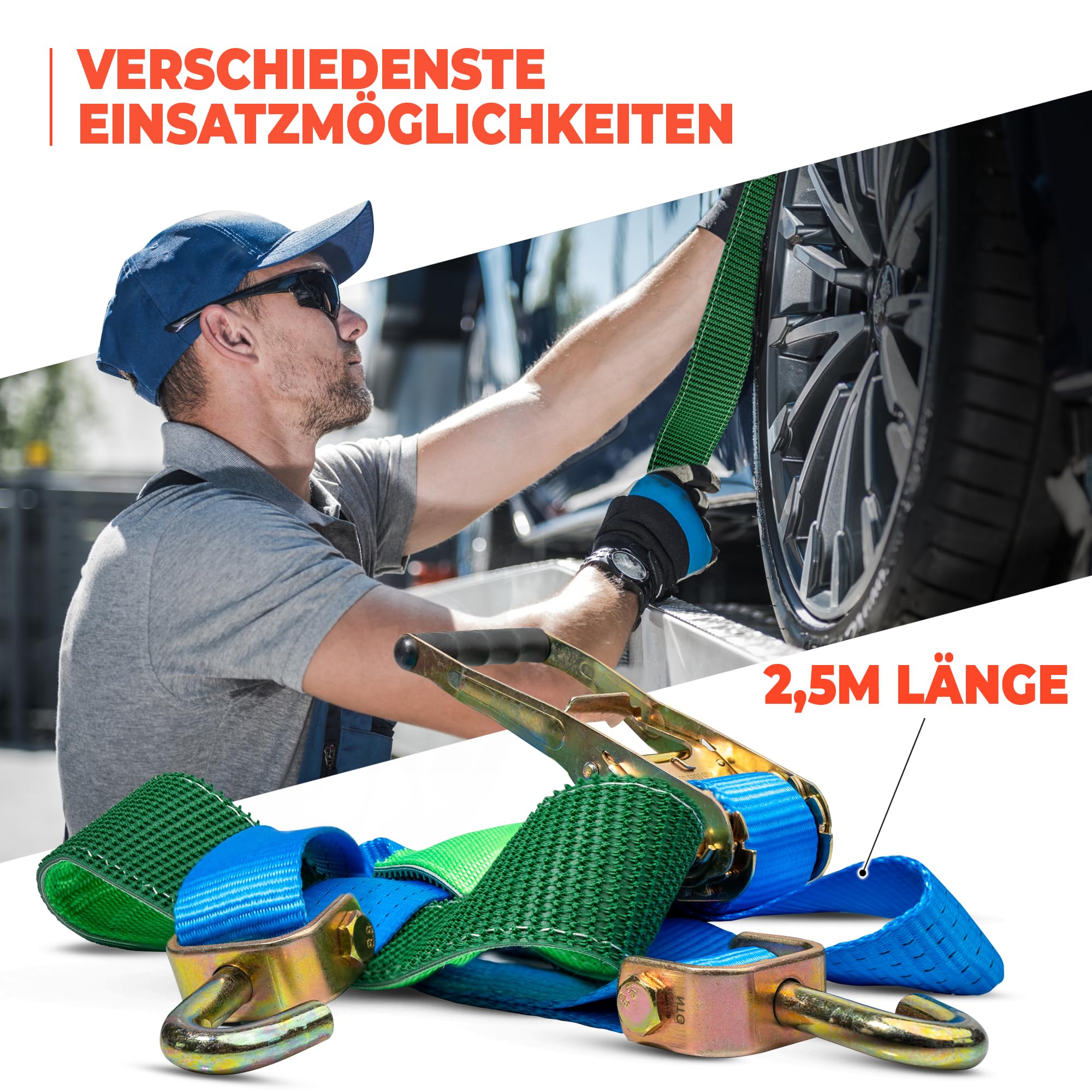 NTG 4 Stück Set Autotransport Spanngurte 2500mm lang bis 5000kg mit Grippschlauch und Wirkelhaken | Radsicherung | Gurt | Auto | Reifengurte