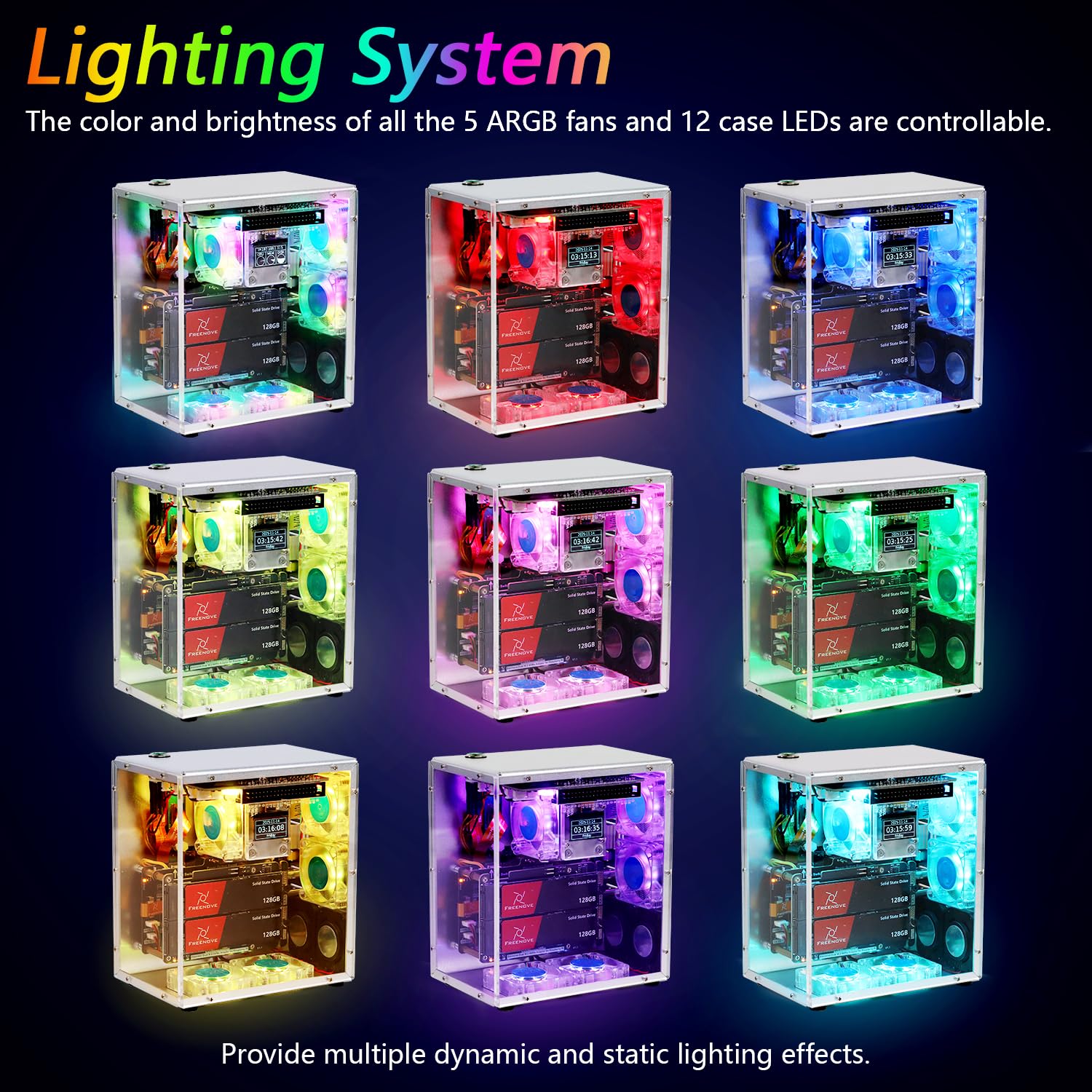 Freenove Raspberry Pi 5 Case Kit Pro, Dual M.2 NVMe SSD Slots, 5 PWM ARGB Fans Light Sync, CPU Tower Cooler, 0.96" OLED Screen, Stereo Speakers, 3.5 mm Audio (SSD NOT Included)