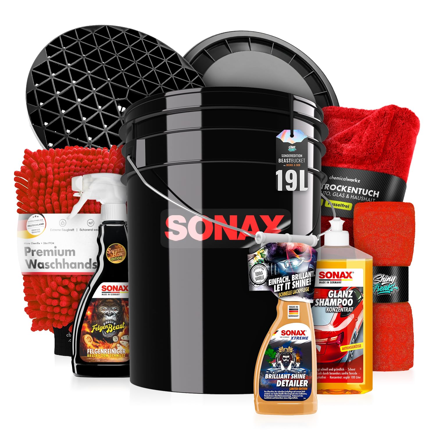 SONAX WaschEimer Autowasch Set 5GAL mit GlanzShampoo + FelgenBeast + BrilliantShine Detailer je 500ml + Schutzsieb + Waaschhandschuh + Tücher | Autopflege Handwäsche Felgenreinigung | 10-teilig