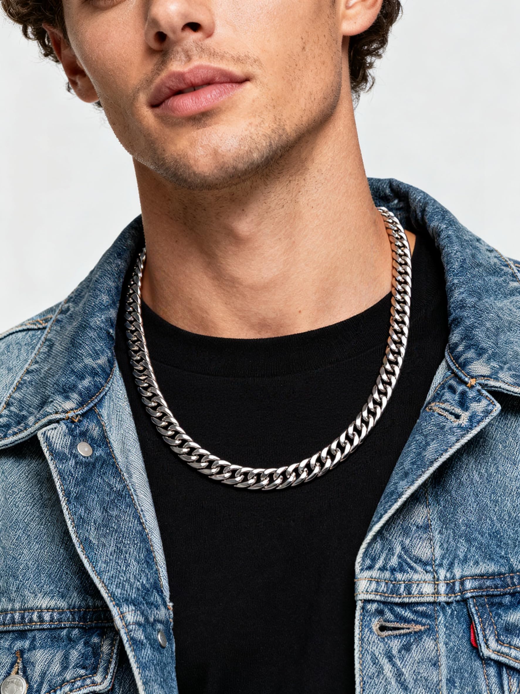 FindChic Collar de Cadena Cubana Acero Inoxidable, Cadena Plateado/Dorado/Negro 3mm/6mm/9mm/12mm de Ancho 46-76cm de Longitud, Regalos para Hombre Chico Amigos Novio con Caja de Regalo