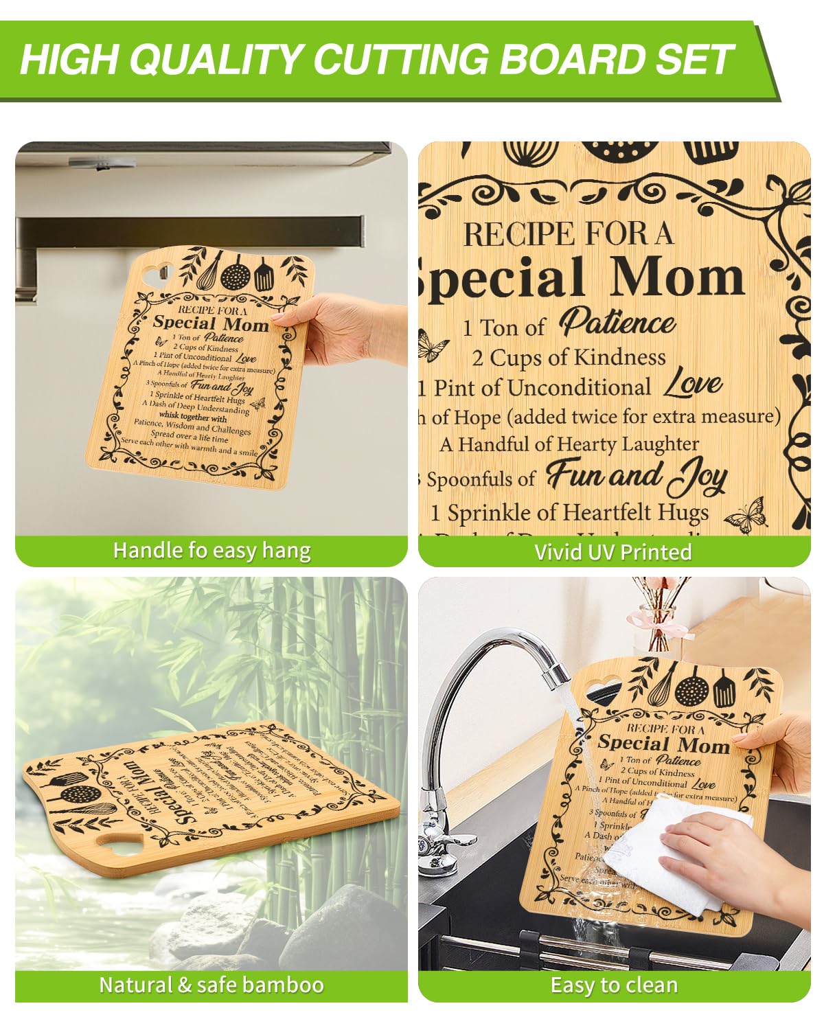 Regalos para mamá, regalos de cumpleaños, regalos del día de San Valentín para mamá, receta para una madre especial, tabla de cortar de bambú, regalo de hija e hijo, regalo de Navidad para