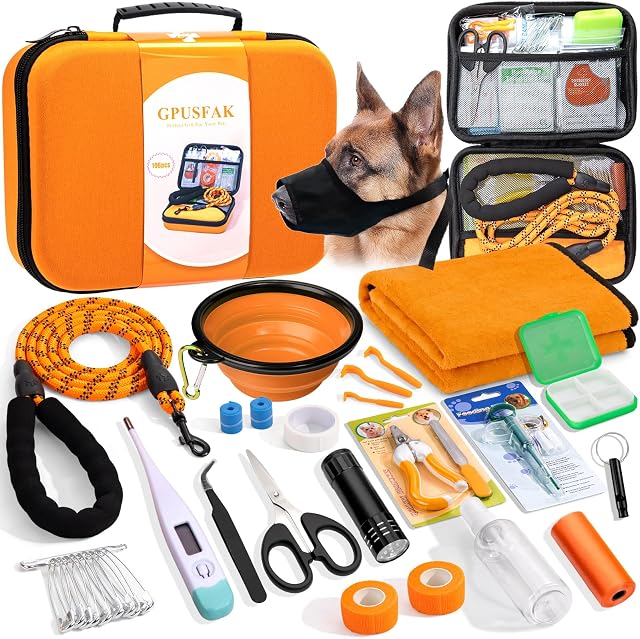 Pet First Aid Kit pour chiens - Kit d'urgence pour animaux de compagnie pour le camping Randonnées Chasse et sports (Orange)