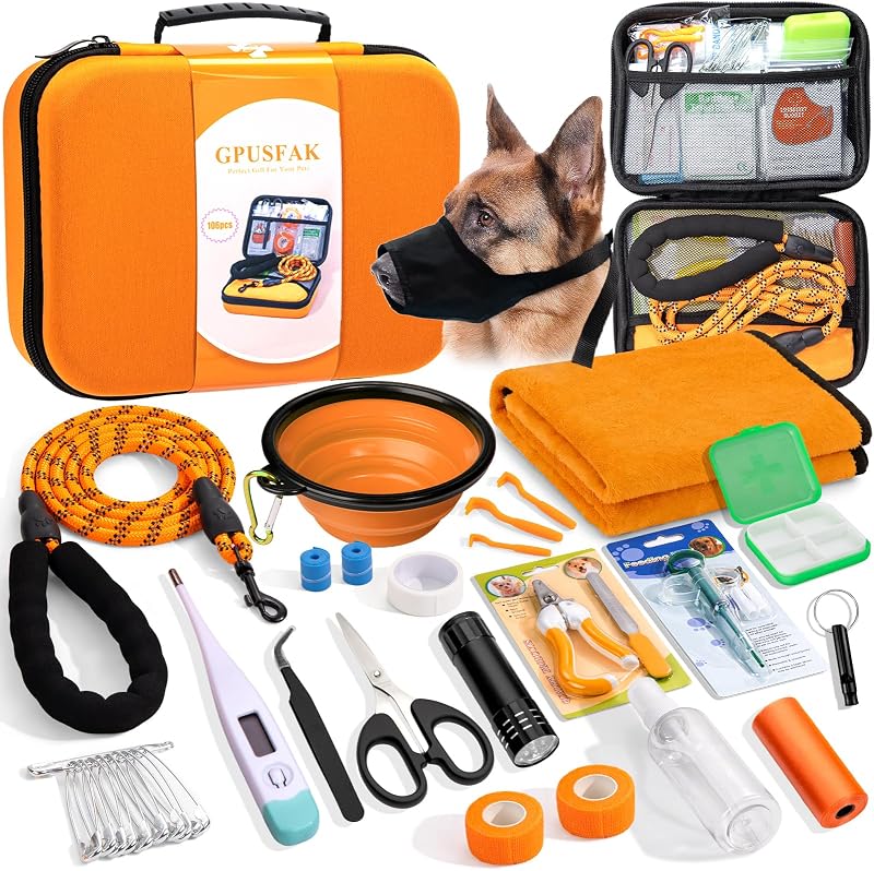 Kit de Primeiros Socorros para Cães GPUSFAK com Suprimentos de Cuidados e Bolsa Resistente à Água, Laranja