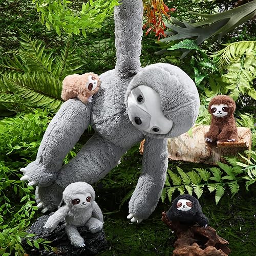 Miniatura 5 de Kasyat Juego de 5 juguetes de peluche de perezoso, 1 animal de peluche mamá perezoso con 4 lindos bebés de peluche en su vientre de 13 pulgadas,