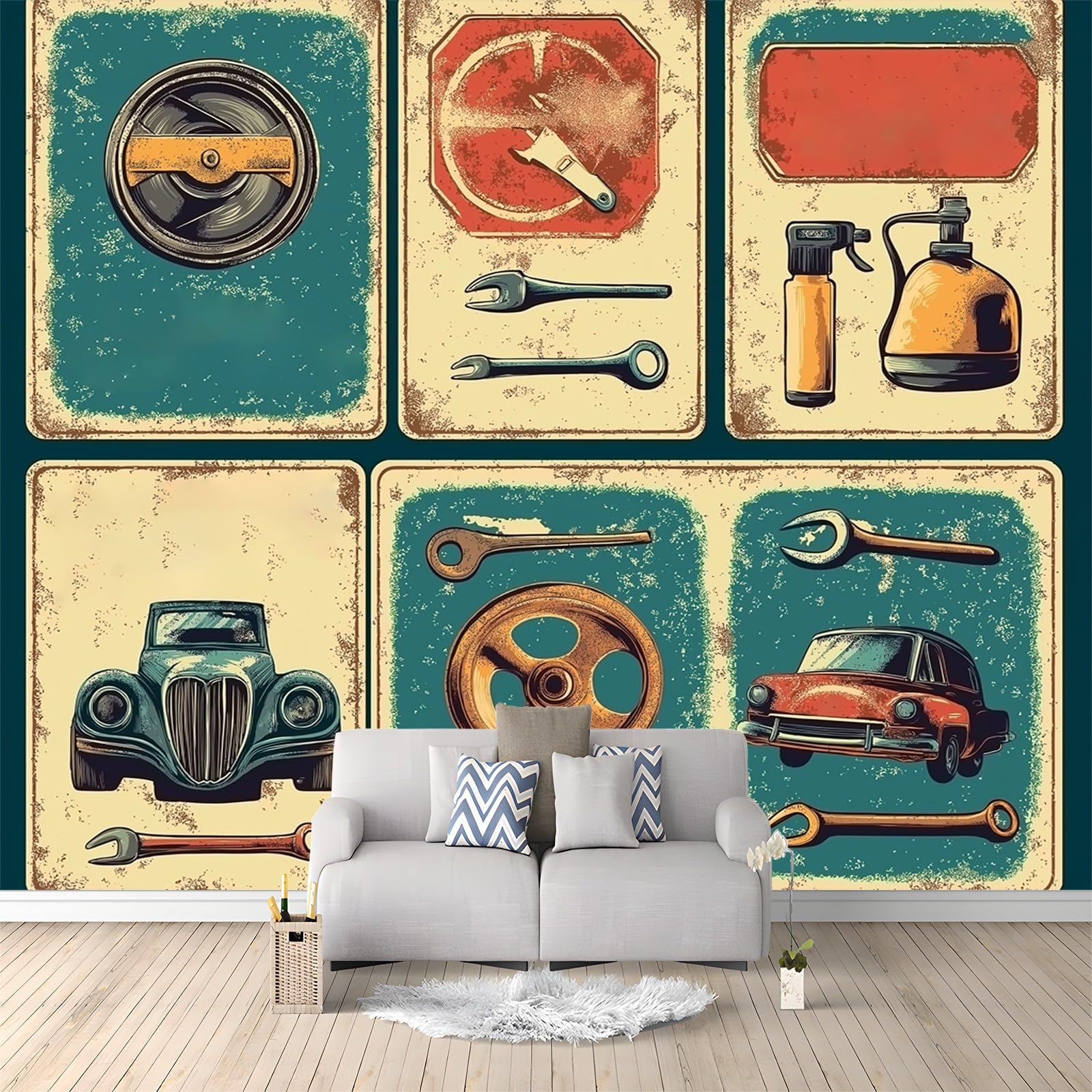 3D Panoramic Wallpaper Mural, 300 x 210 cm Photo Wallpaper Mural, Poster Design Car Repair Shop Photo Wallpaper 3D Effect, Yellow Wallpaper Mural - Poster Decoration for Bedroom Living Room Corridor