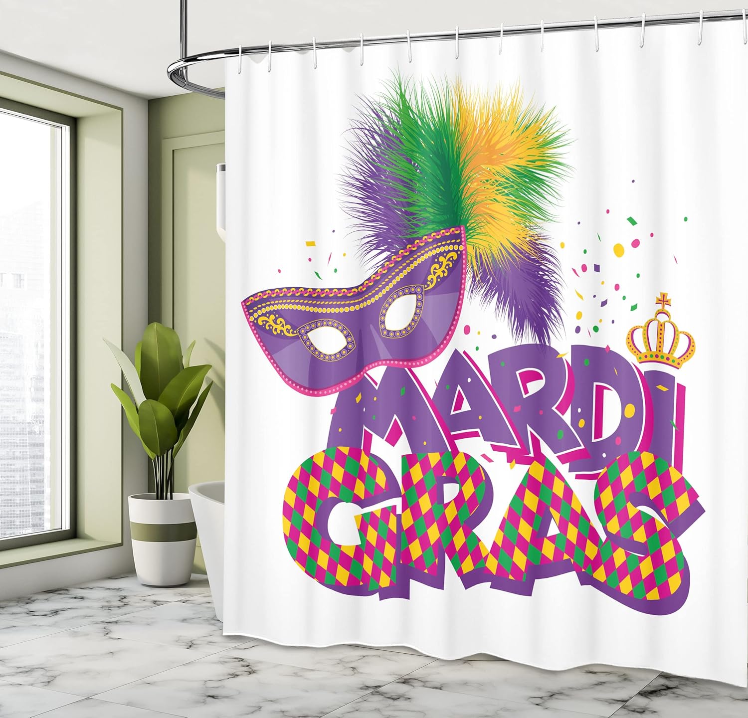 Ambesonne Mardi Gras Shower Curtain, Traditional Holiday Theme Colorful Fluffy Feathers Crown, Cloth Fabric Bathroom Decor Set with Hooks, 69" W x 70" L, Purple Hot Pink Green