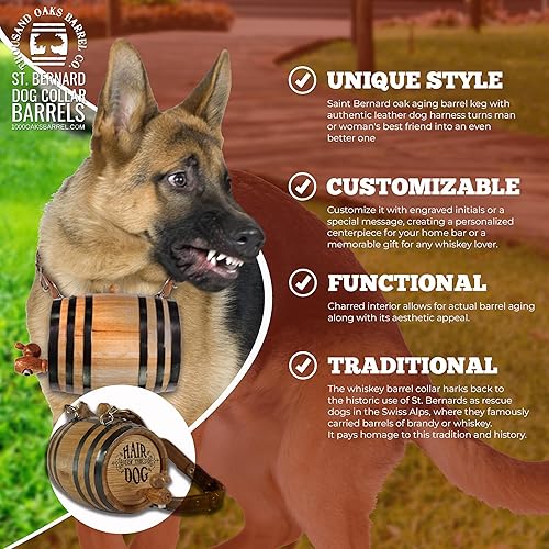 Vista 84 de St Bernard - Collar de barril de whisky para perro, Pooch Hooch' - Dispensador de barril de roble de 1/2 litro para perros San Bernardo con correa
