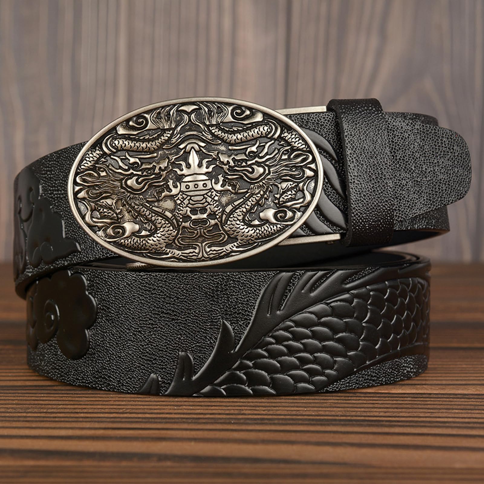Cinturón De Piel Primera Calidad Con Diseño Dragón En Relieve For Hombre, Hebilla Automática Ajustable Y Deslizante For Vestir