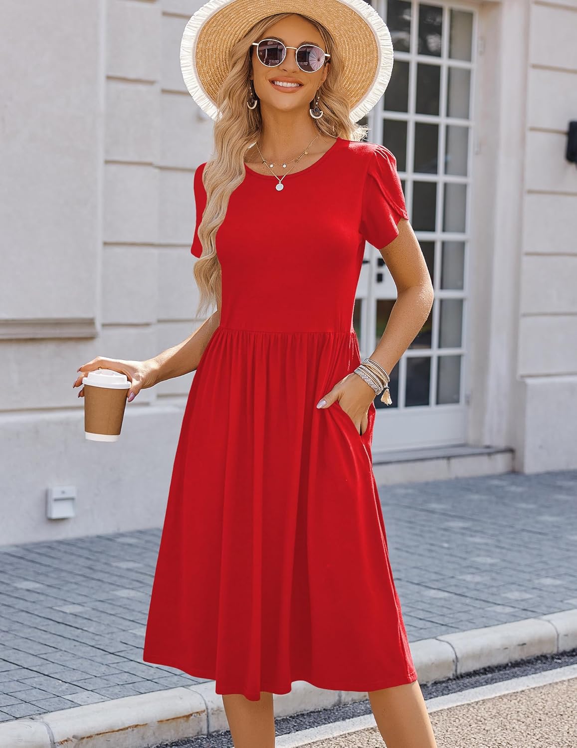 HOTOUCH Women's Summer A-Line Midi Dresses 2026 Casual Floral Short Sleeve T-Shirt Dress Flowy Beach Sundress with Pockets - Image 5