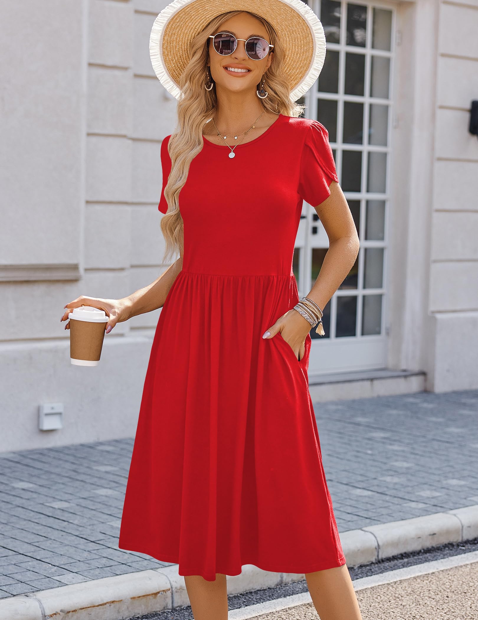 Hotouch Vestido de Verano para Mujer Manga Corta Cuello Redondo Casual Liso Vestido de Playa Línea A Midi con Bolsillo S-XXL