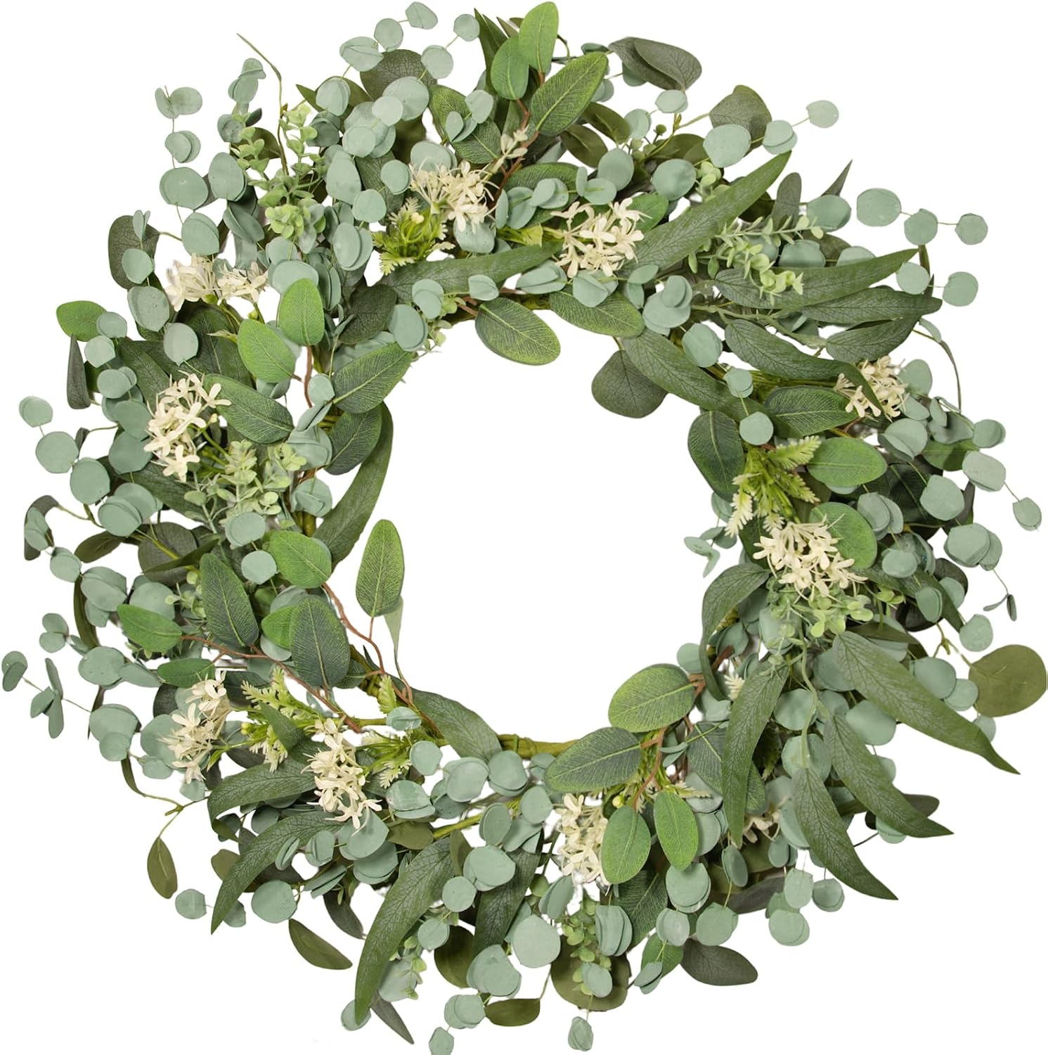24 Inch Green Eucalyptus Boxwood Wreaths for Front Door- Spring Summer Wreath with White Flowers,Eucalyptus, All Seasons Evergreen Decor for Indooor Outdoor Farmhouse