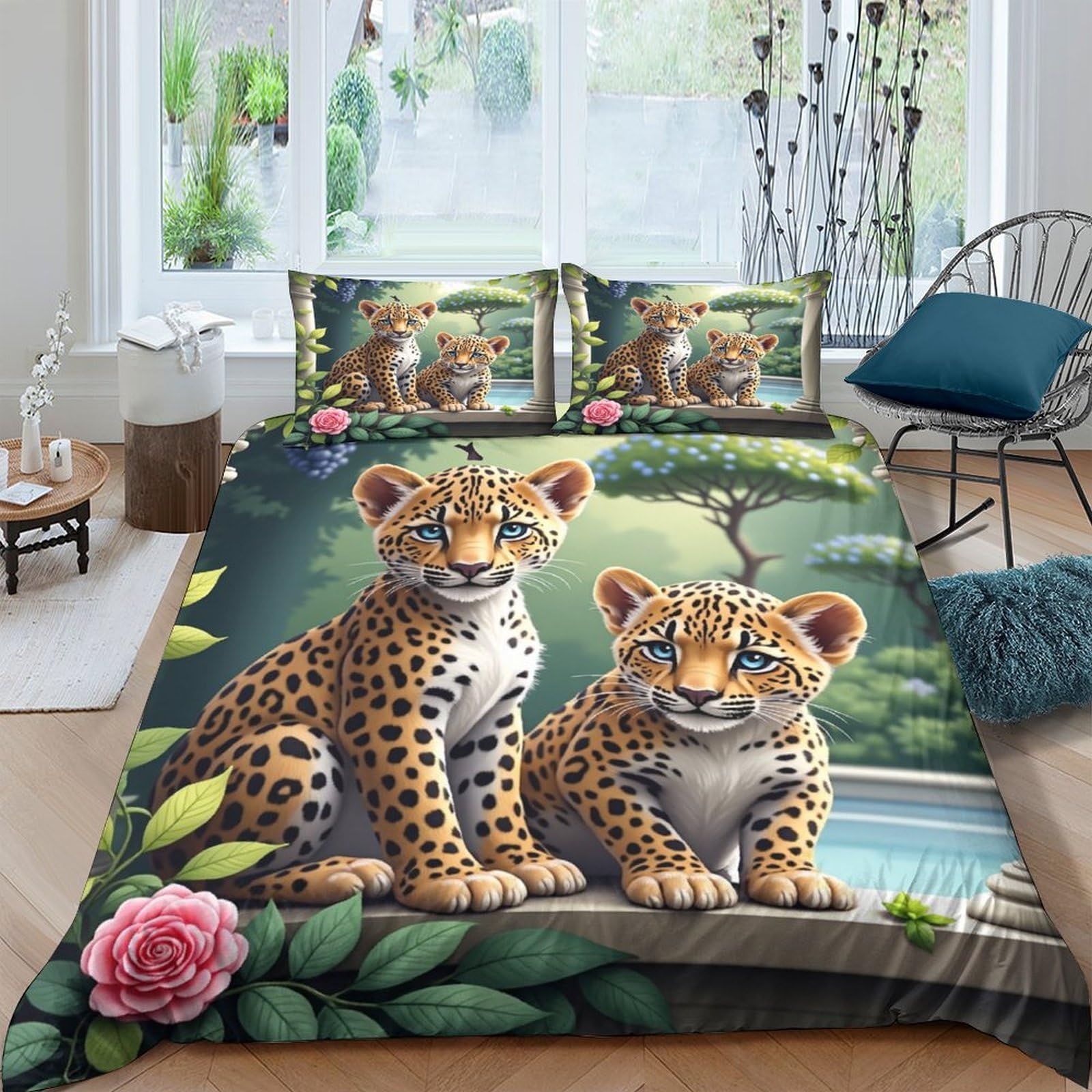 TUFRTGYHN 3D Printed Leopard Jungle Duvet Cover Set Microfiber Soft Breathable with 2 Pillowcases for Bedroom Decor Single（135x200cm）
