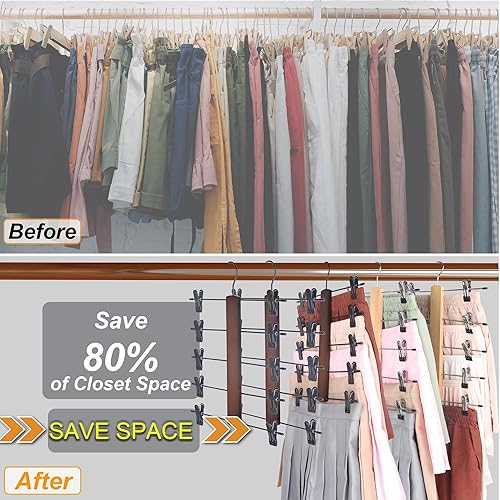 Miniatura 4 de GallFould Paquete de 4 perchas para pantalones que ahorran espacio, colgador de falda de 5 niveles con clips antideslizantes ajustables para