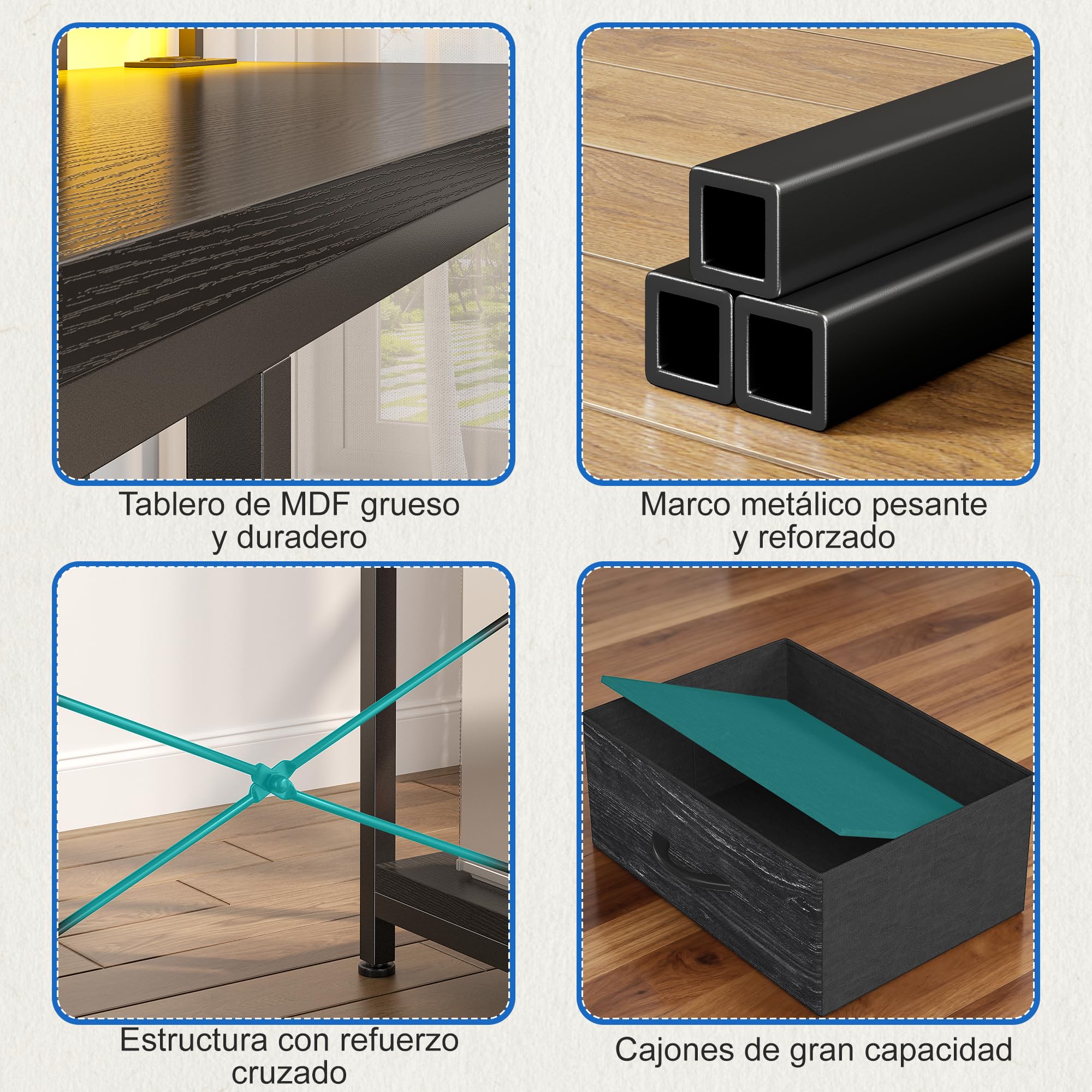 140x80 cm Forma de L Escritorio con 3 Cajones, LED, Soporte para Monitor, 2 Enchufes y 2 Puertos USB, Reversible Mesa Gaming con Gancho para Trabajo,Juegos,Estudiar,Homeoficina, Estudio, Negro