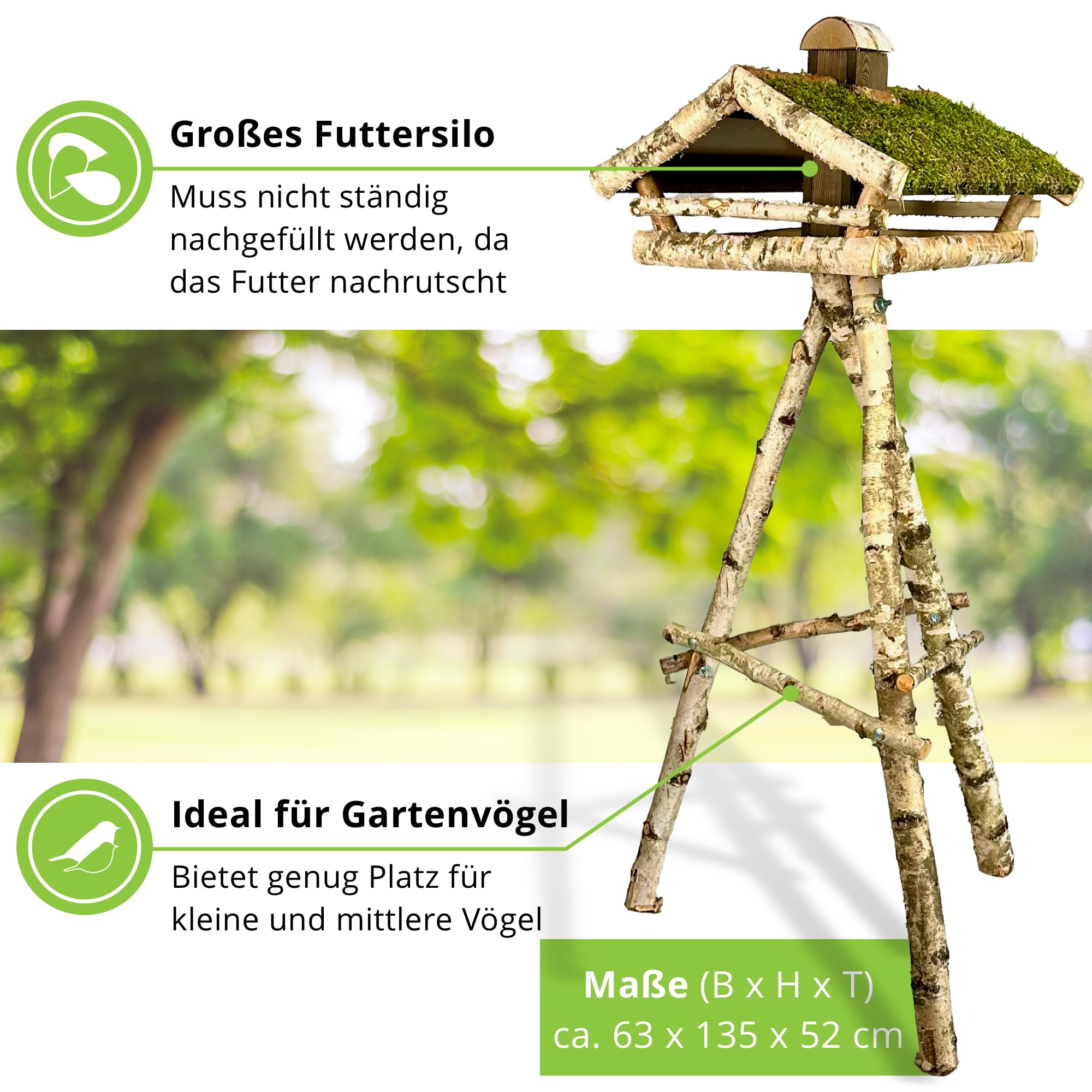 GARTENETAGE Vogelhaus Birke mit Moosdach/Vogelhaus mit Ständer wetterfest und stabil/Vogelfutterhaus mit Ständer/Robustes Vogelhäuschen für Ihren Garten