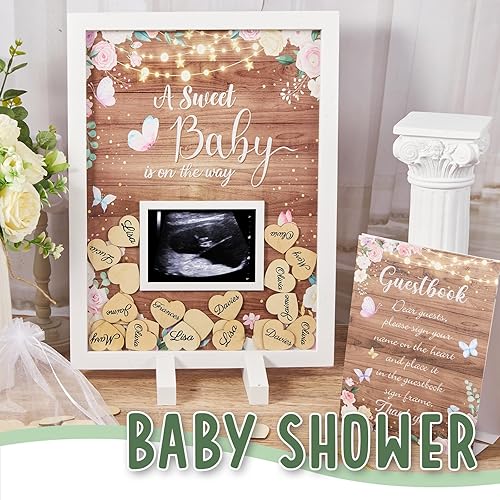 Miniatura 4 de Kosiz Marco de libro de invitados de madera rústica floral para baby shower, libro de invitados con diseño de mariposa rosa con corazones de madera