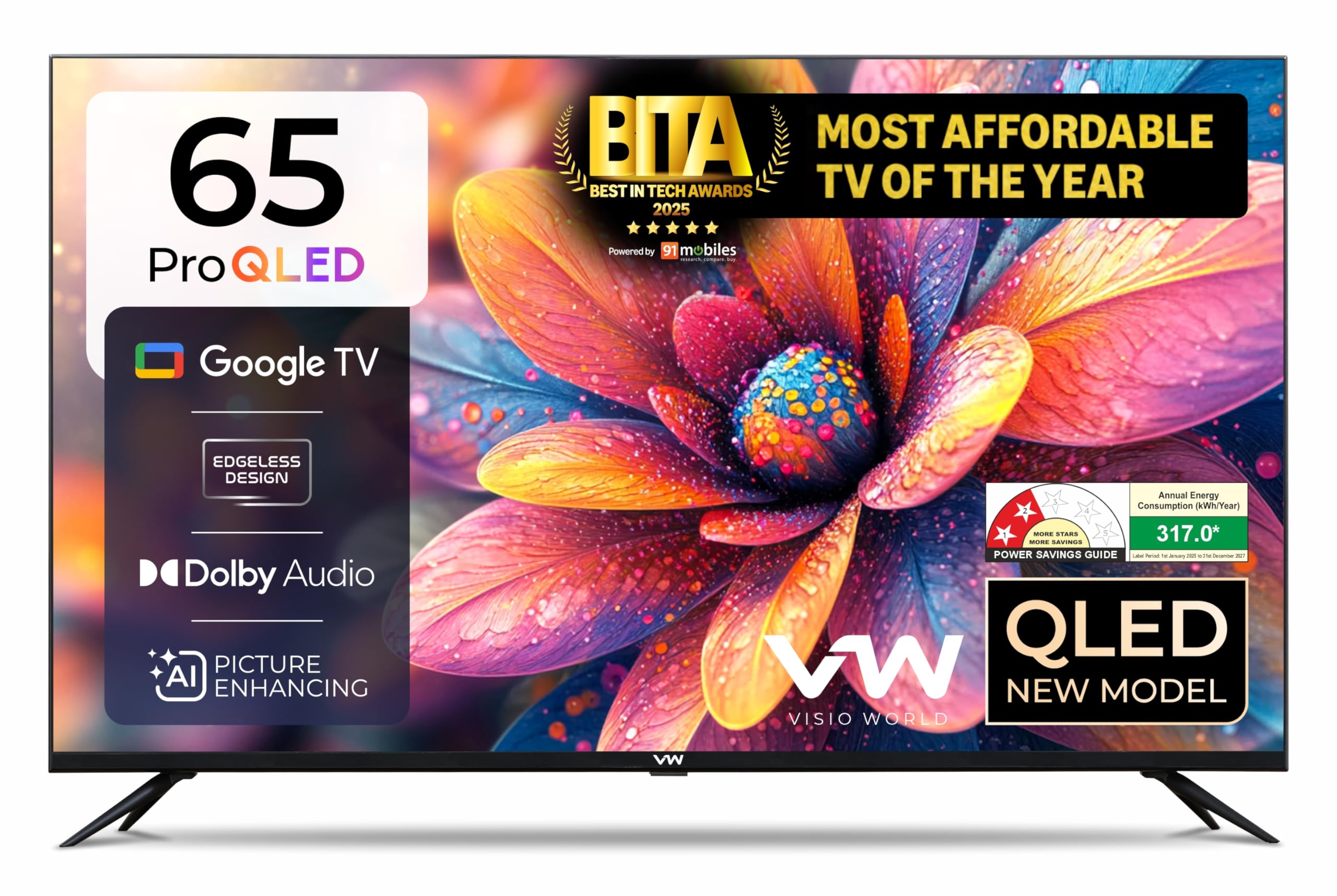 VW 165 cm (65 inches) Pro Series 4K Ultra HD Smart QLED Google TV VW65GQ1 (Black)