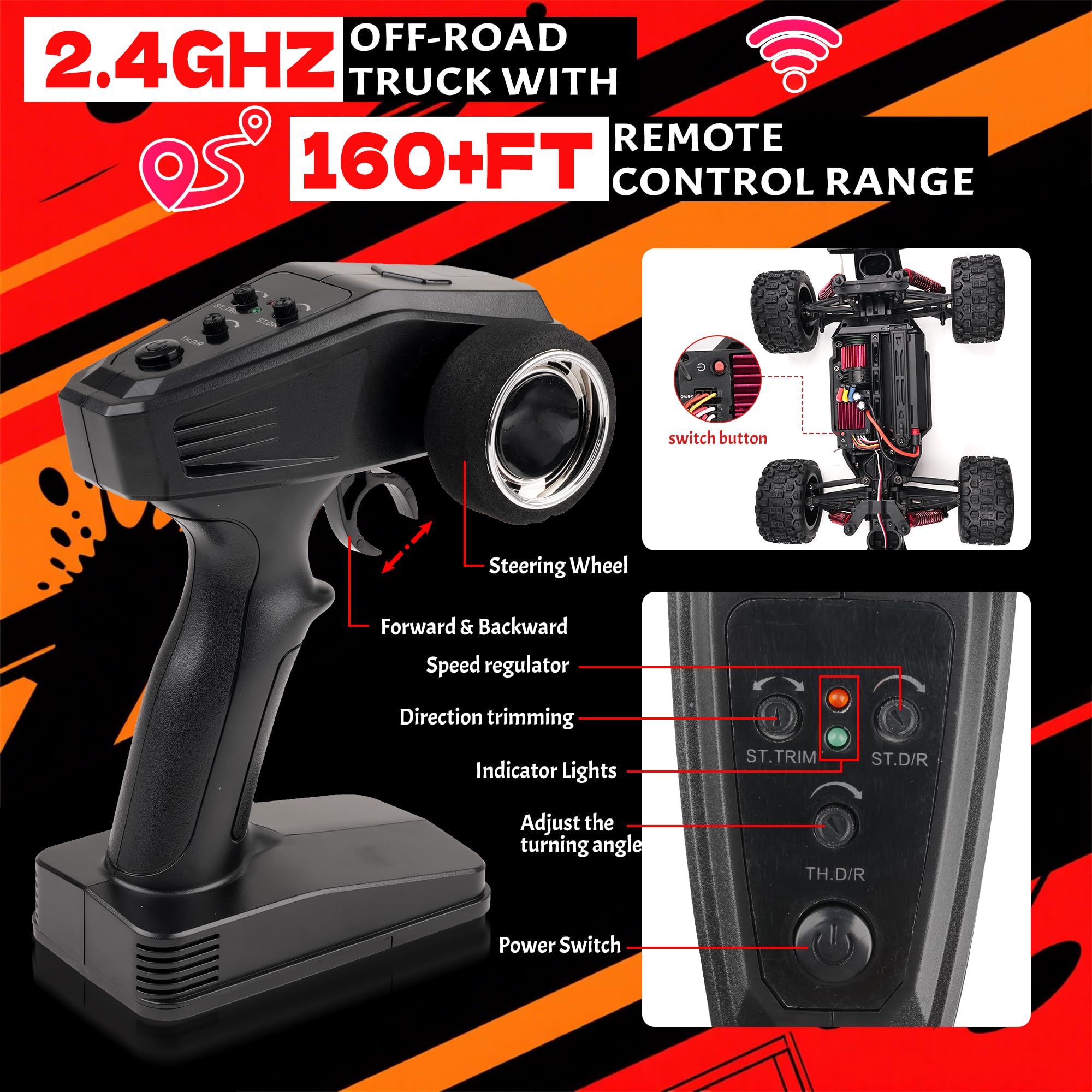 Coche Teledirigido - Coche Teledirigido A Escala 1:18 Alta Velocidad 40Km/H Todoterreno 4WD 2 BateríAs 2,4 GHz Recargable para Adultos Y NiñOs - Negro