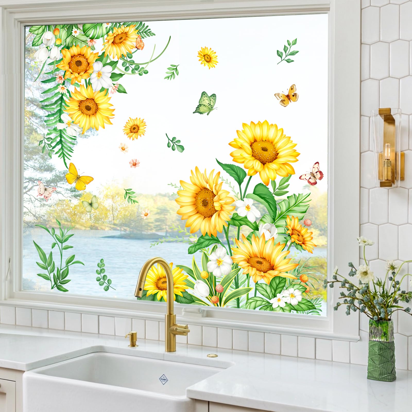 BETESSIN Vensterafbeeldingen lente decoratie - 3 vellen bloemen raamafbeeldingen met bloemen en vlinders motief - statisch hechtende raamstickers zelfklevend - bloemige raamdecoratie voor lente en