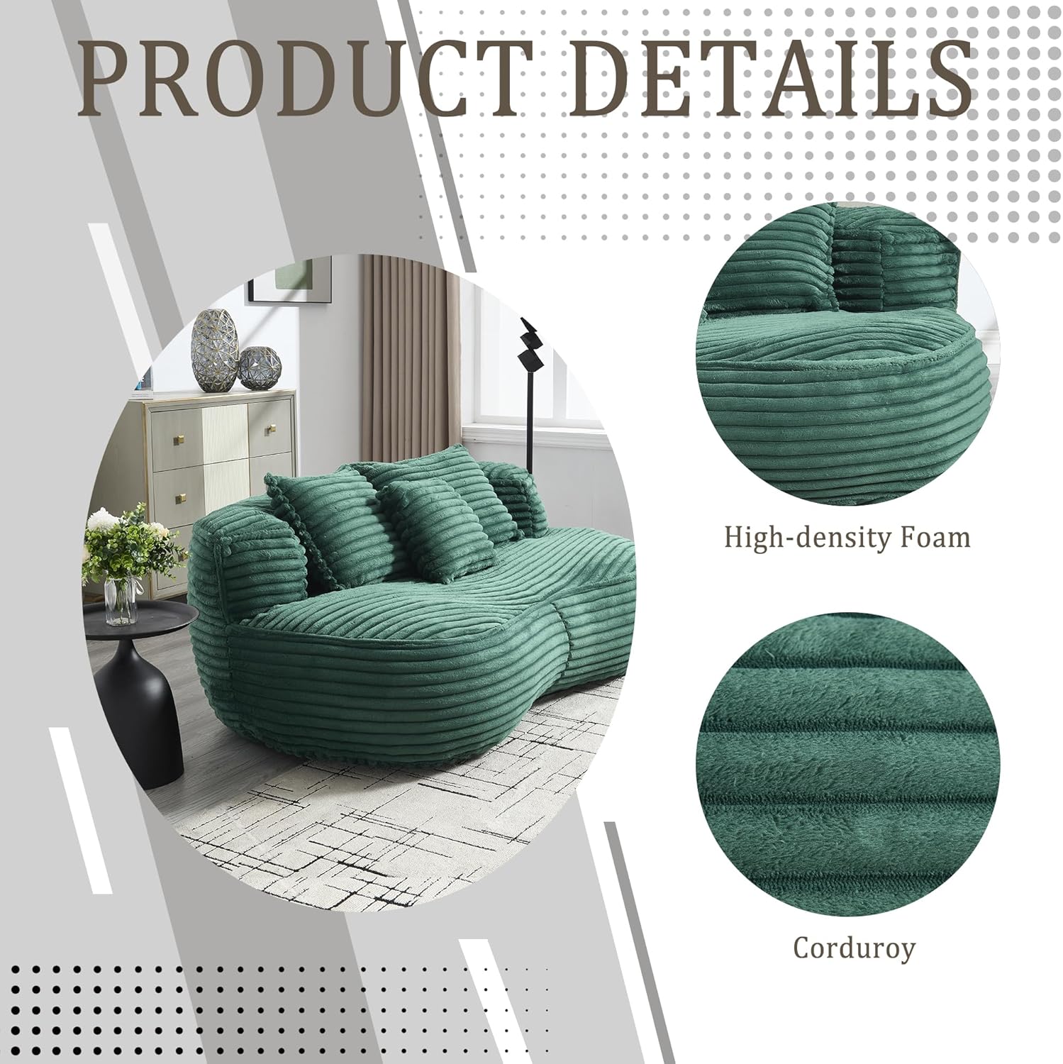 Bean Bag Chairs with 3 Pillows,64.17 Inch Bean Bag Chair with Fluffy Memory Foam,Corduroy Fabric Beanbag Loveseat Sofa Couch Lounger for Living Room Gaming,Reading,and Relaxation