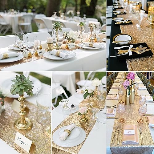 Miniatura 7 de Paquete de 12 caminos de mesa de lentejuelas color dorado champán de 12 x 108 pulgadas con purpurina para cumpleaños, boda, compromiso, despedida de