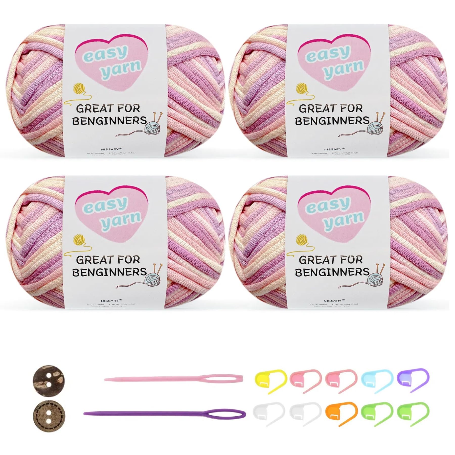 Nissary Chunky Crochet Yarn Kit for Beginners Thick Wool Cotton Amigurumi Yarn 4x50g Chunky Wool for Knitting Ideal Easy Crochet Starter Kit for All Your Crochet Projects (4-mixpink)