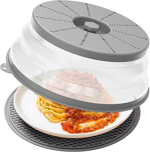 WVM Cubierta y alfombrilla para microondas, tapa plegable ventilada para platos y alfombrilla de cocina redonda de silicona para alimentos,