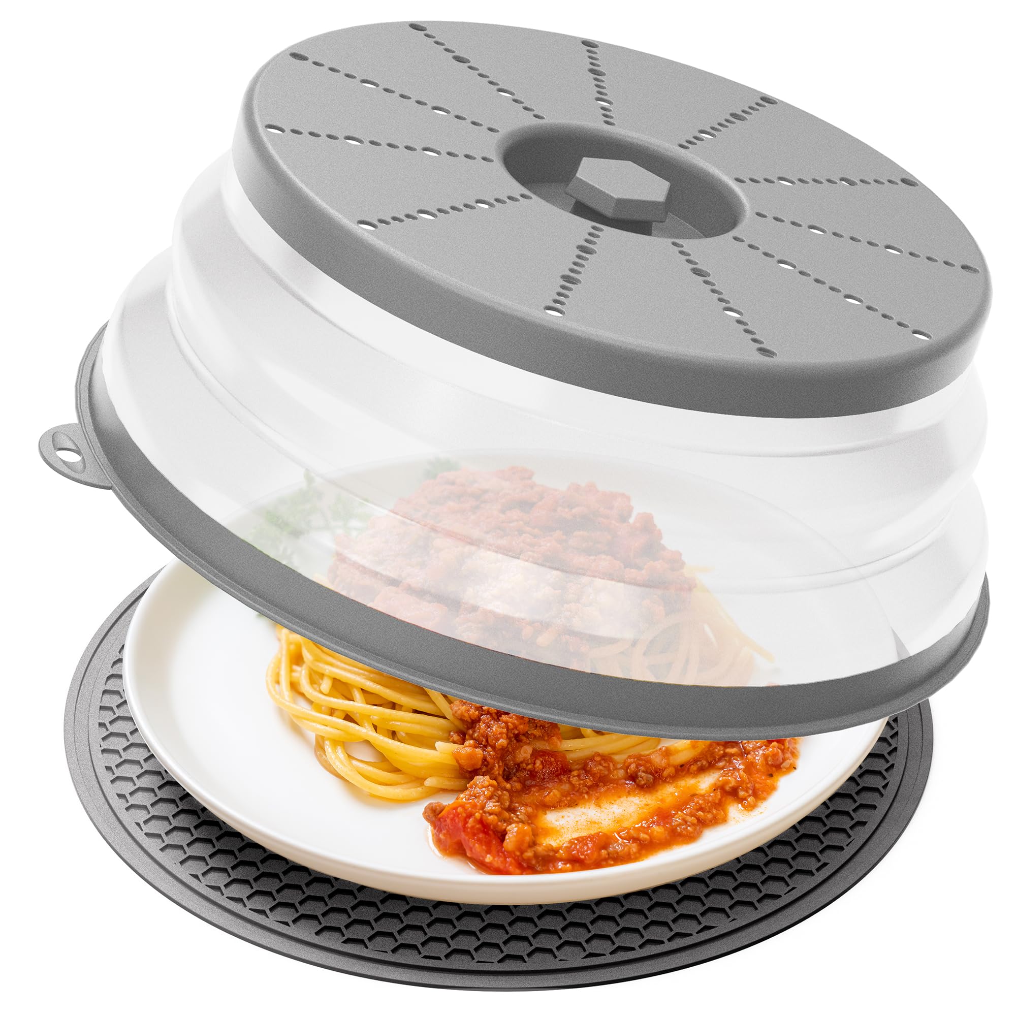AML-24-6 Microwave Splatter Cover &amp; Mat, Vented Collapsible Splatter Guard dish Plate lid &amp; Silicone Round Kitchen Mat for Food, Meal Prep