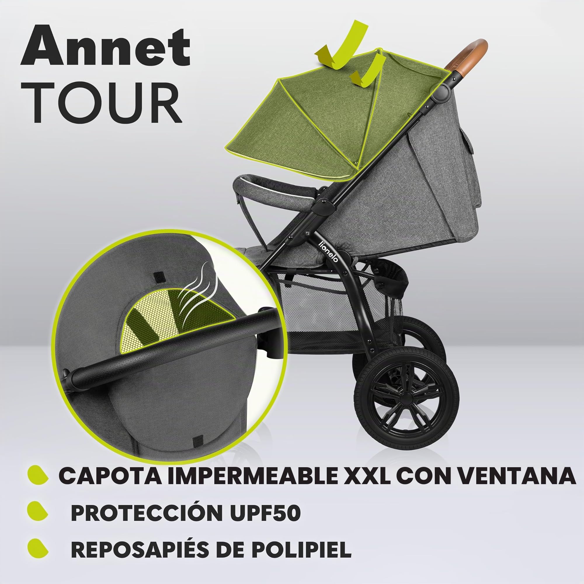 LIONELO Annet Tour Silla de paseo, bebe carro, hasta 22 kg, ajuste del respaldo a la posición tumbada, ruedas sin mantenimiento, capota impermeable XXL, cinturones de 5 puntos (gris)