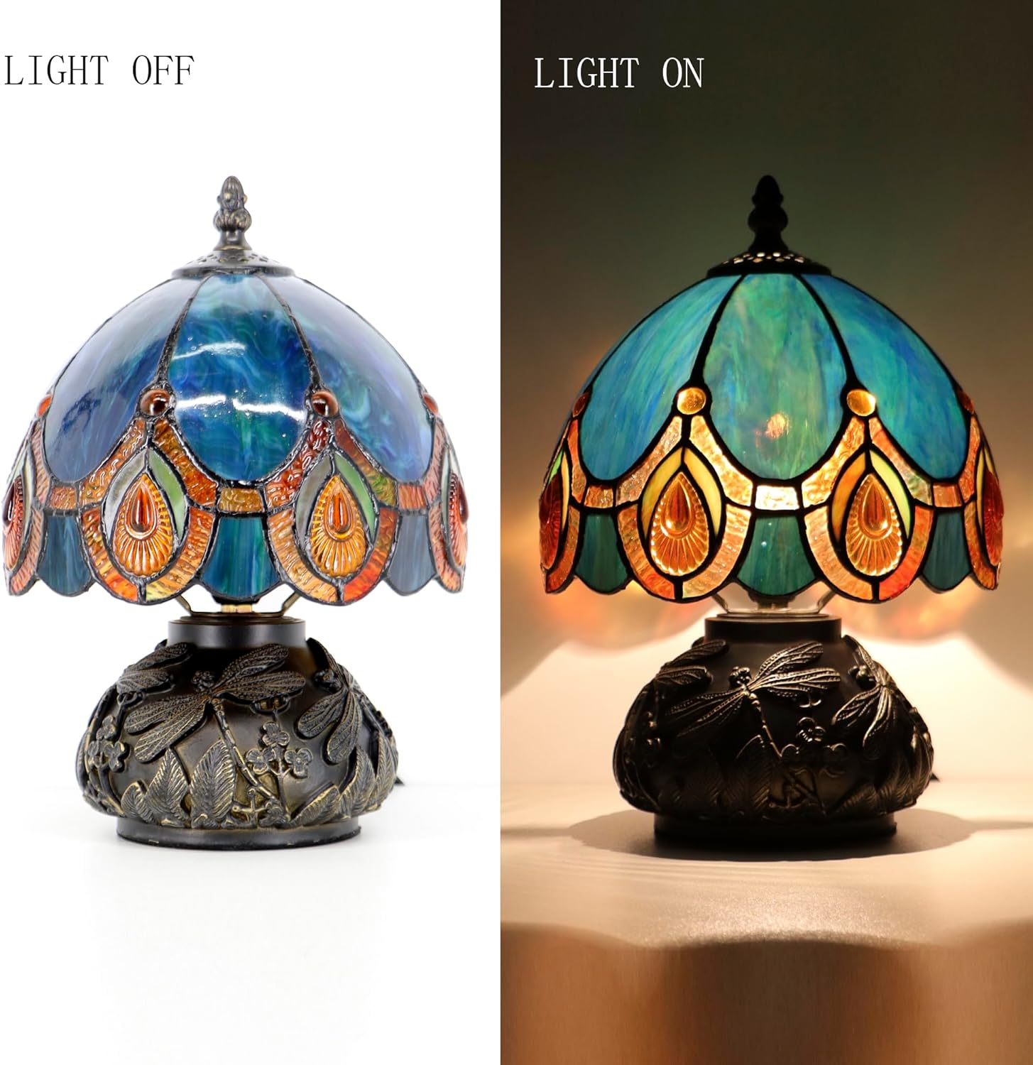 Small Tiffany Mushroom Table Lamp,Mini Memory Sympathy Antique lamp 8X11 Inch (Peacock Crystal)