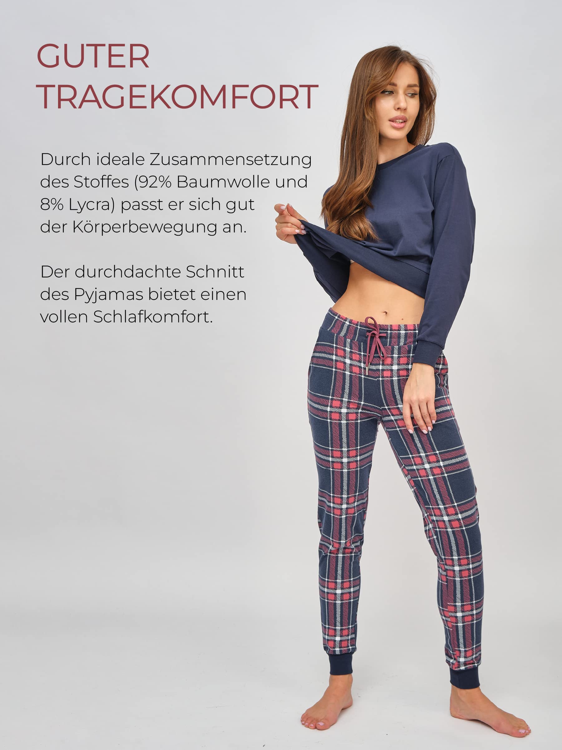 Schlafanzug Lang mit Bündchen Zweiteiliger einfarbiger Oberteil mit Rundhals und Karierte Hose mit Tasche
